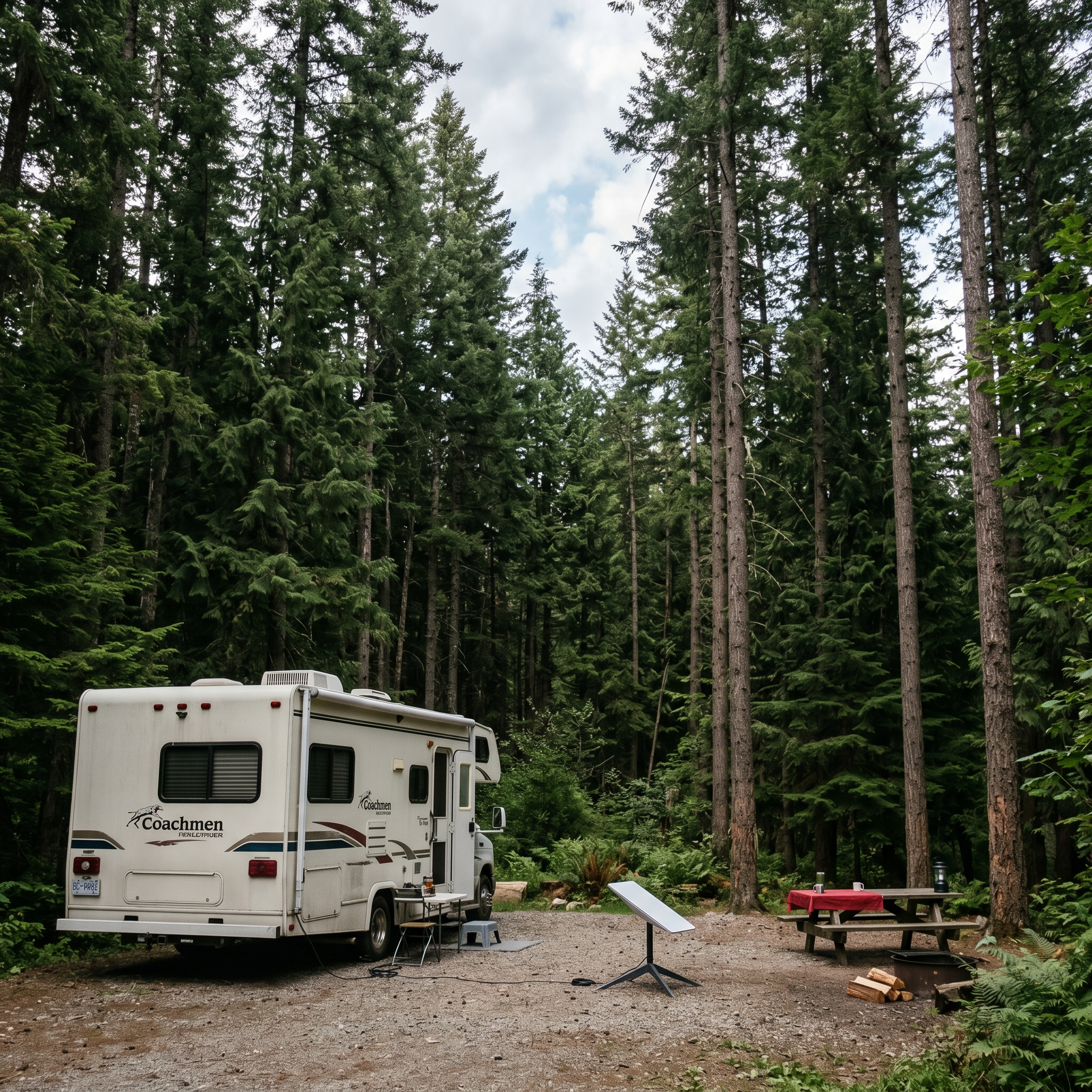 RV campsite surrounded by trees with portable satellite internet dish searching for clear sky