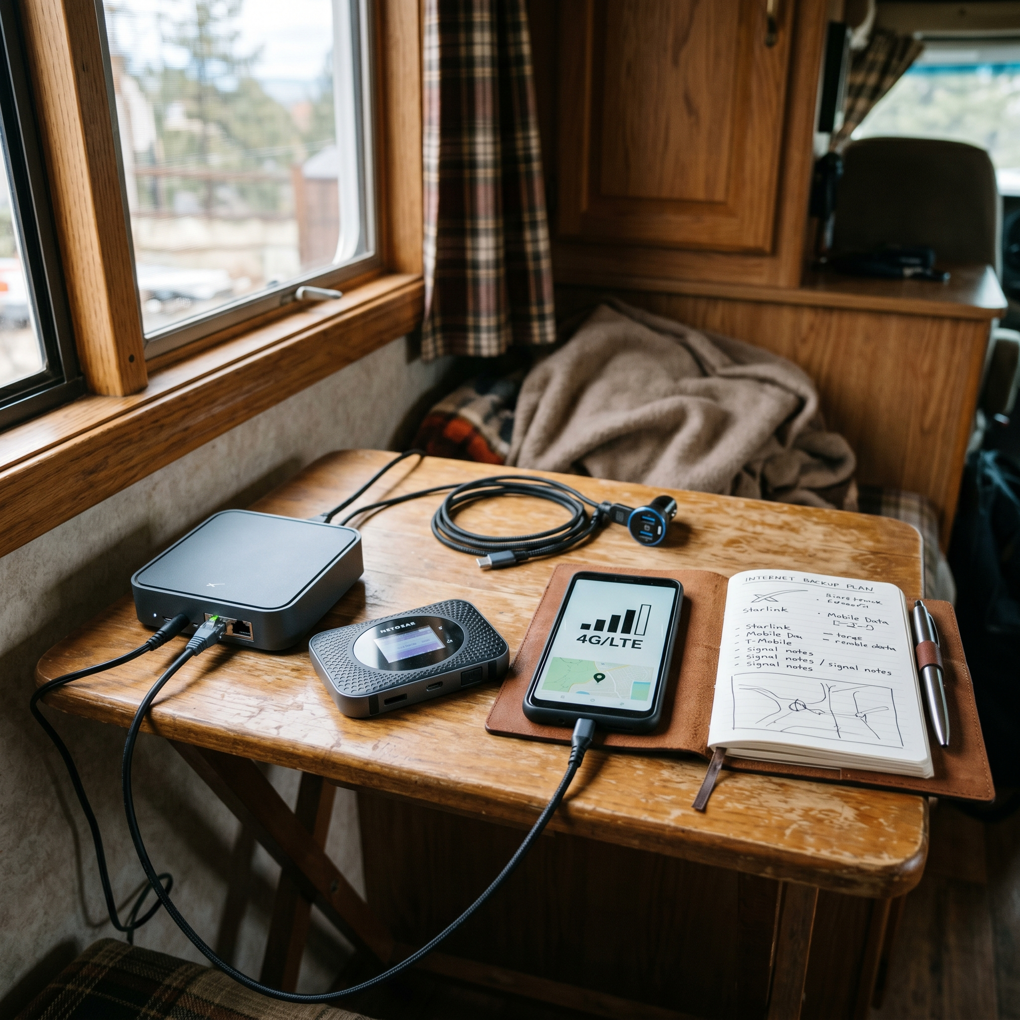 RV internet backup setup with satellite router mobile hotspot phone and travel notebook