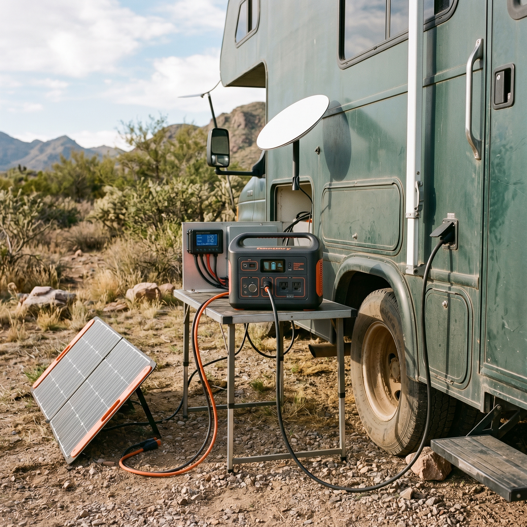 Off-grid RV power setup with portable power station and satellite internet cable