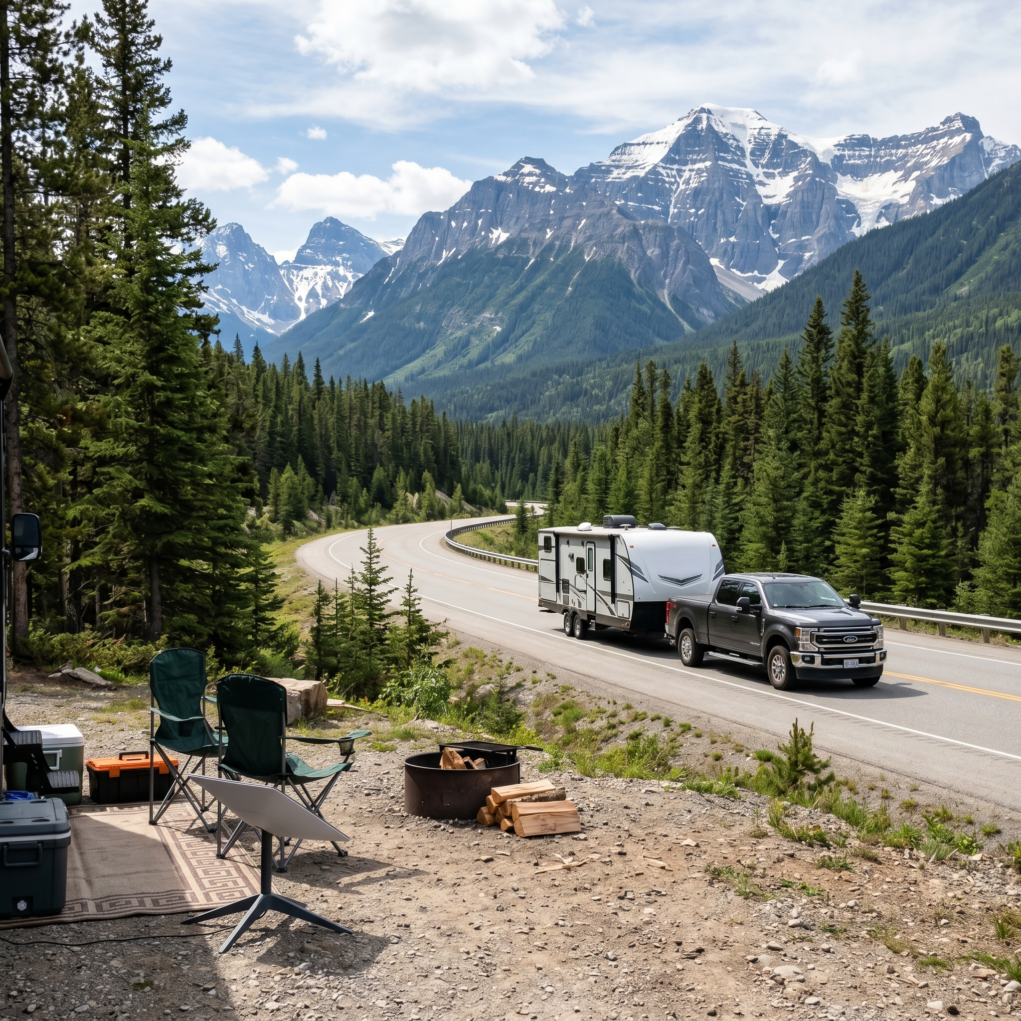 Pickup truck towing travel trailer on Canadian highway for RV internet travel planning