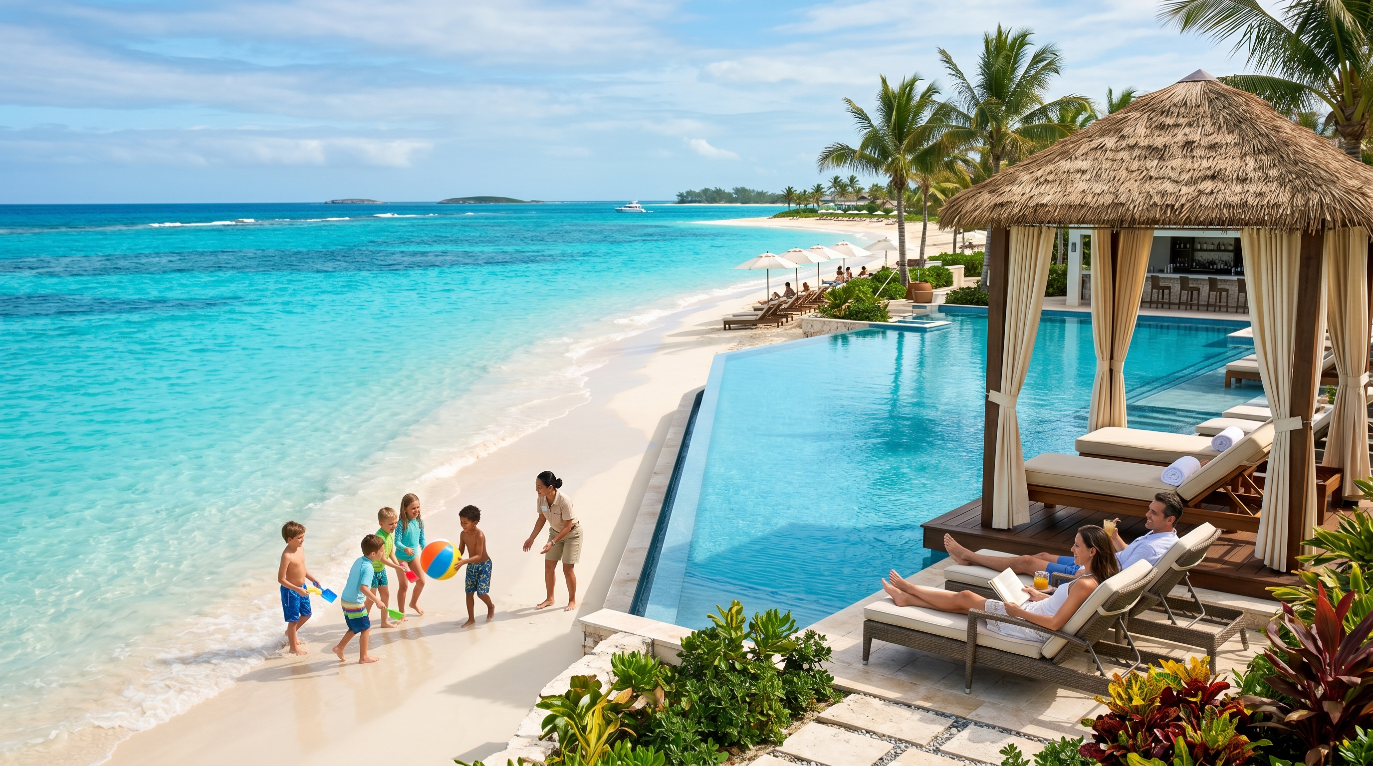 Luxury Bahamas family beach resort with pools and turquoise ocean