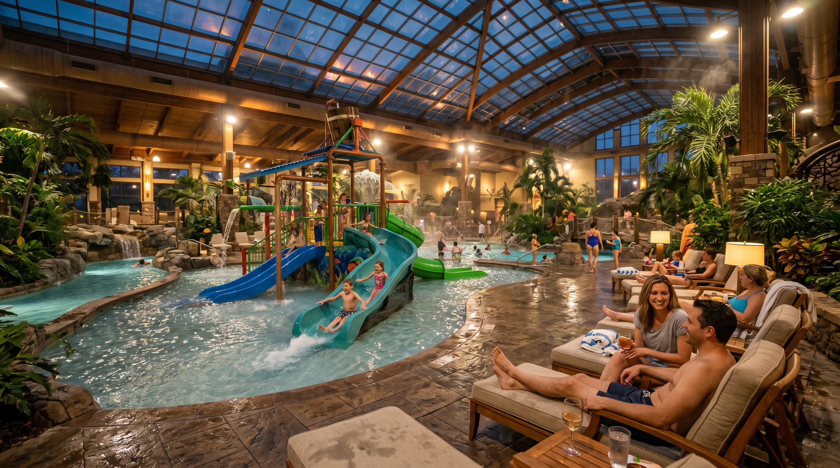Indoor family resort with tropical pools and glass ceilings