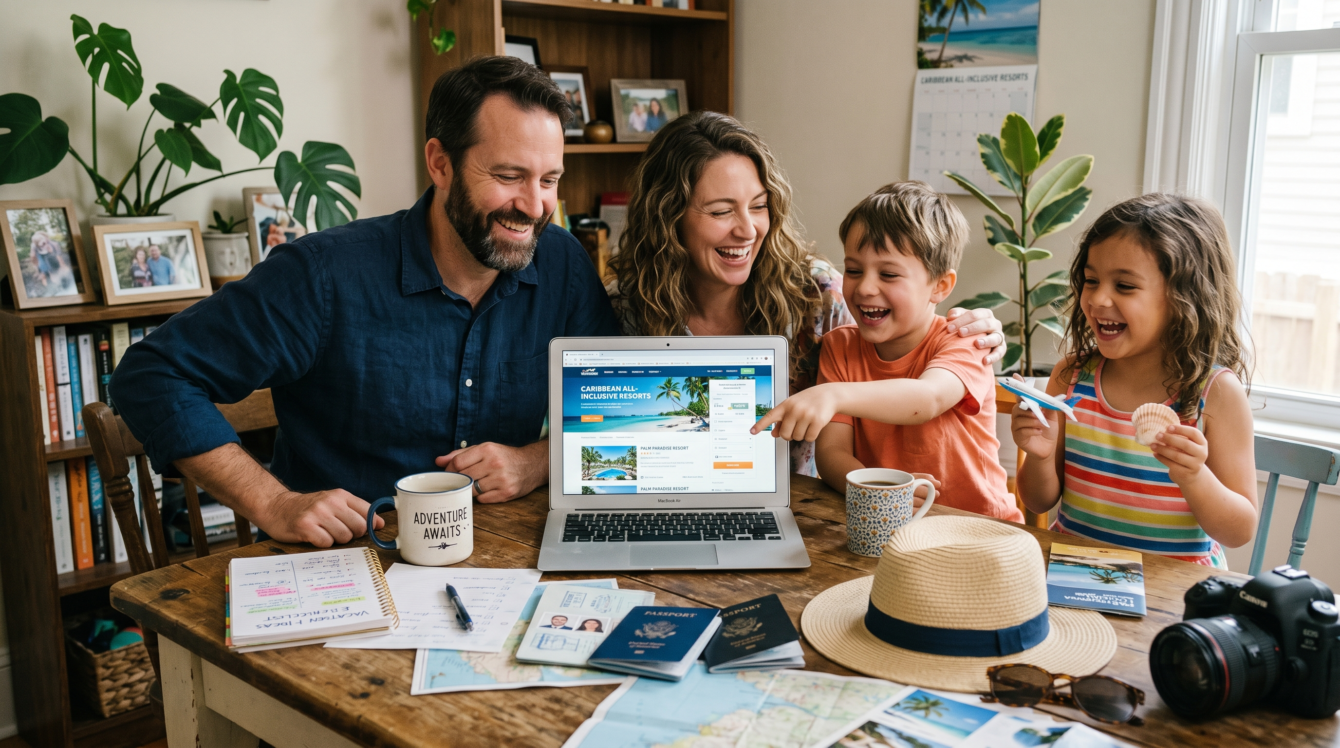 Family planning a tropical all-inclusive vacation at home