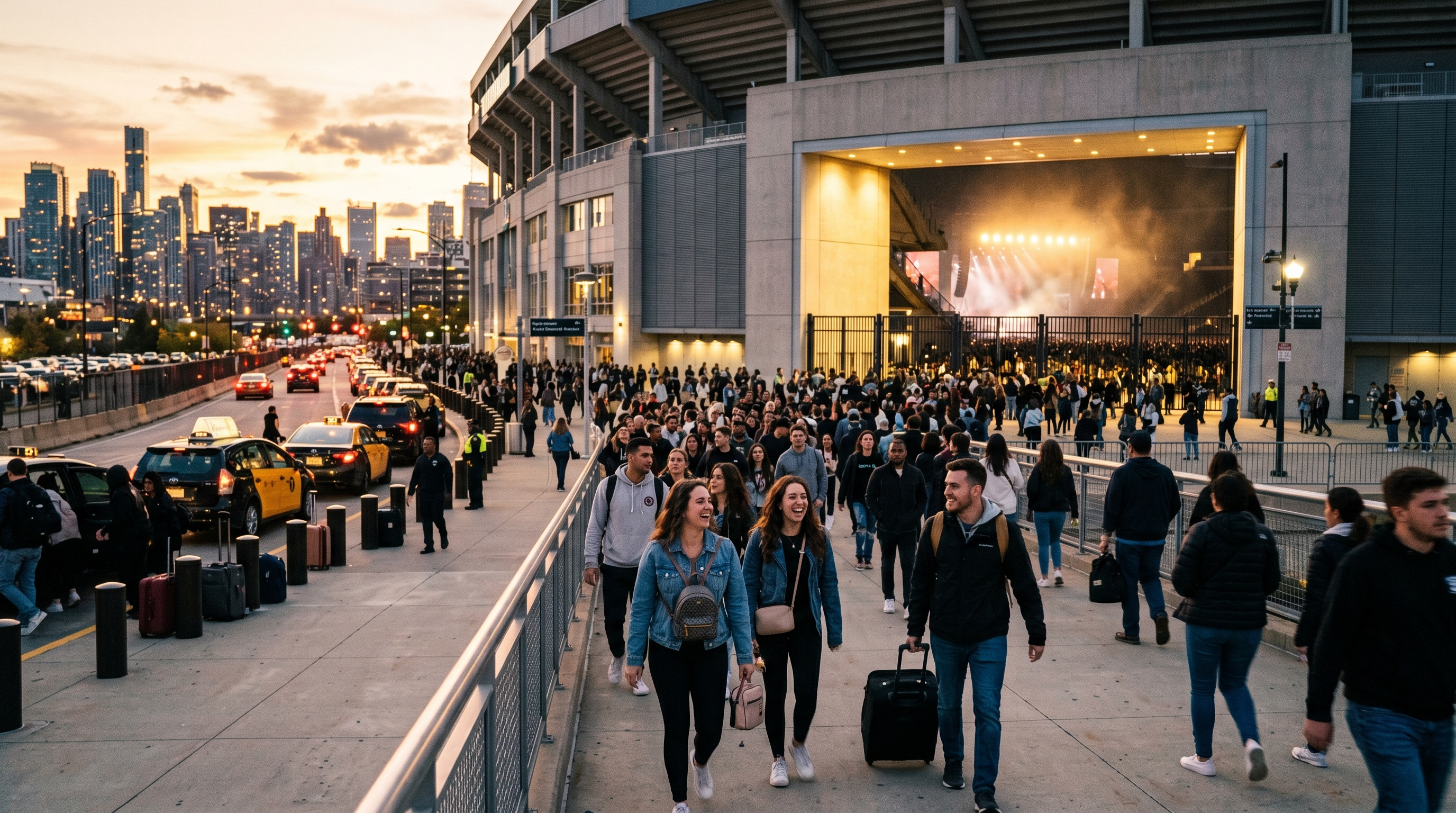 Fans arriving at a major stadium concert during golden hour with travel bags and city skyline