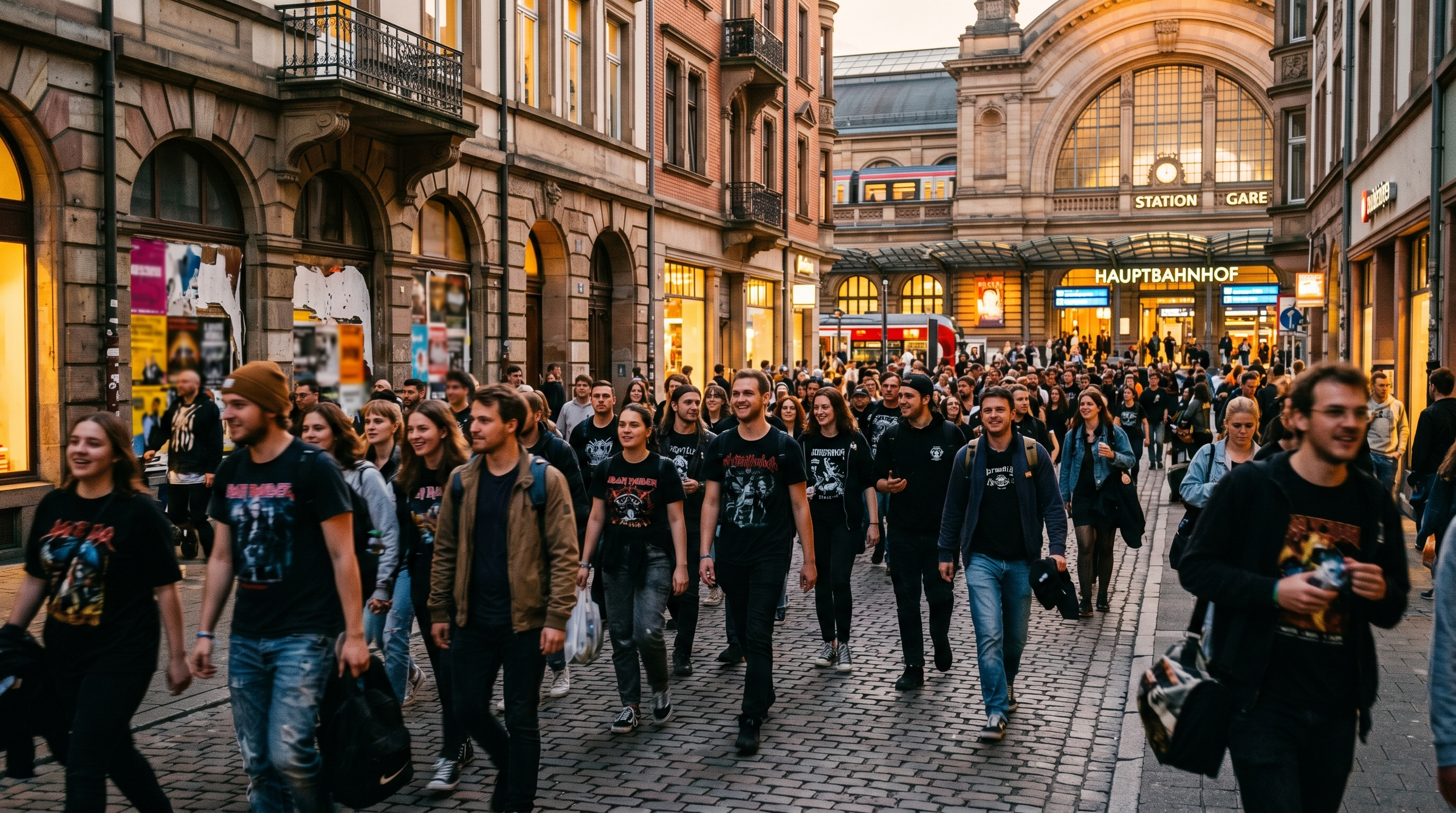Music fans traveling through a European city for a major concert tour