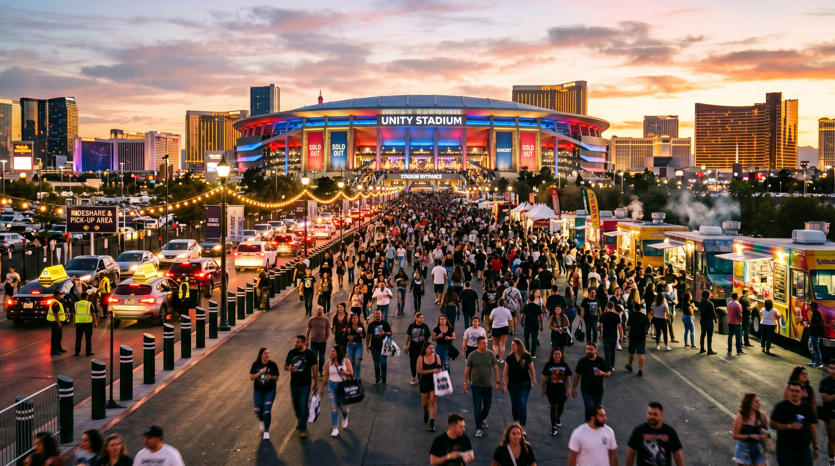 North American stadium concert travel scene with fans arriving at sunset