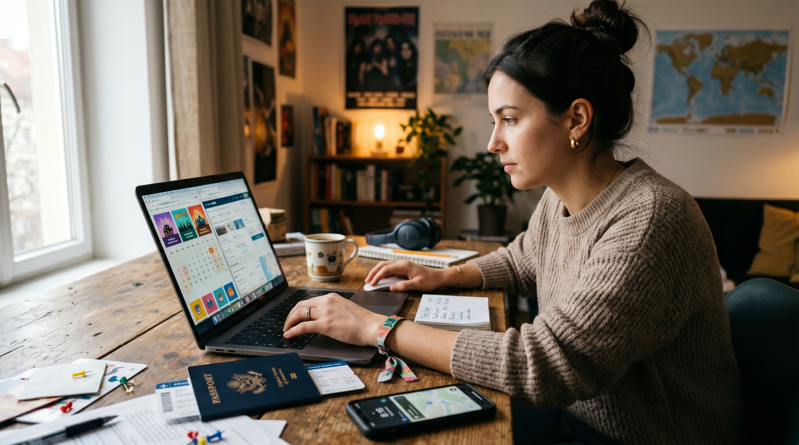 Traveler planning music tour trip with laptop concert calendar and travel booking notes