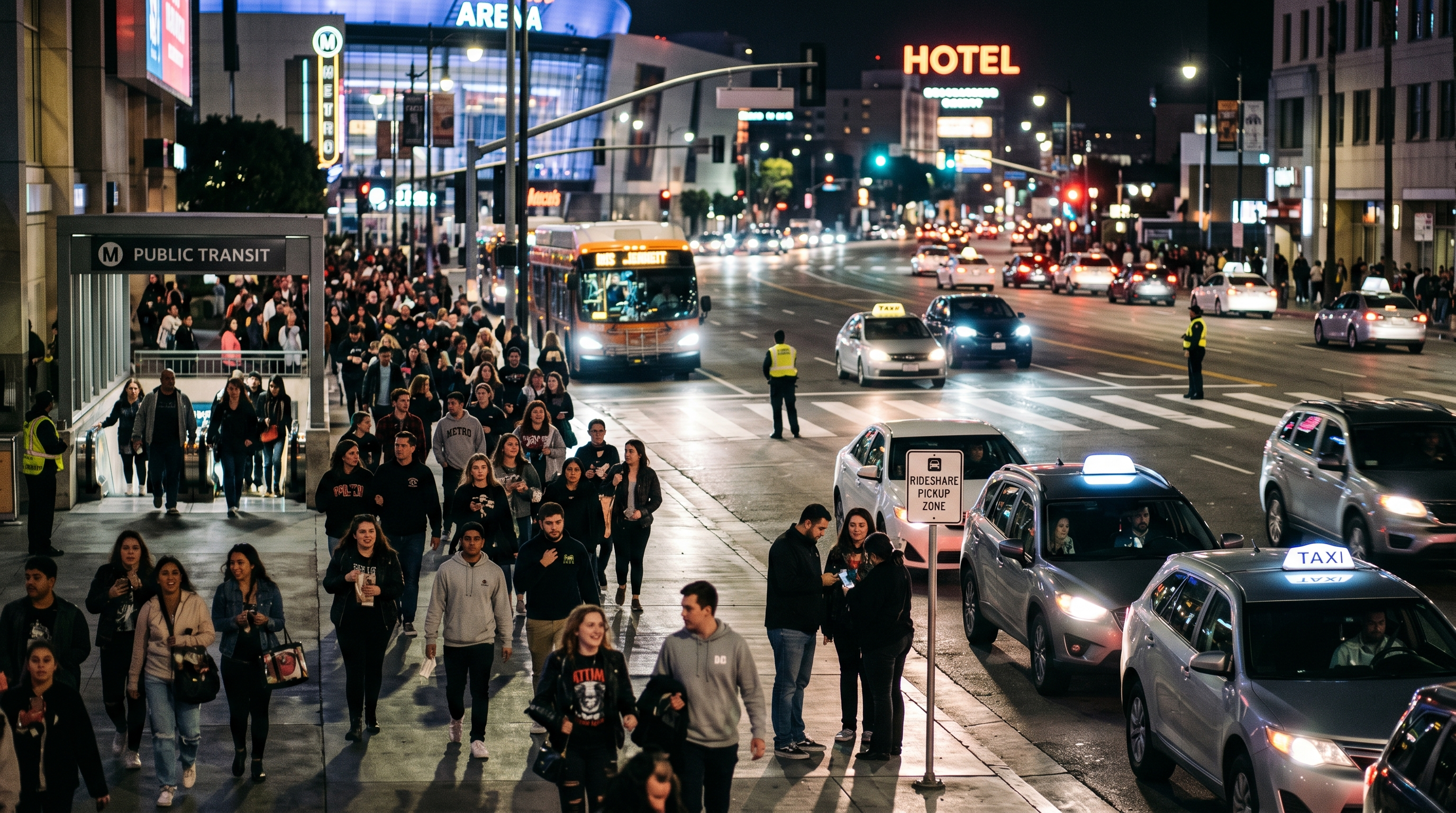 Fans leaving a major concert safely at night with taxis and city transit nearby