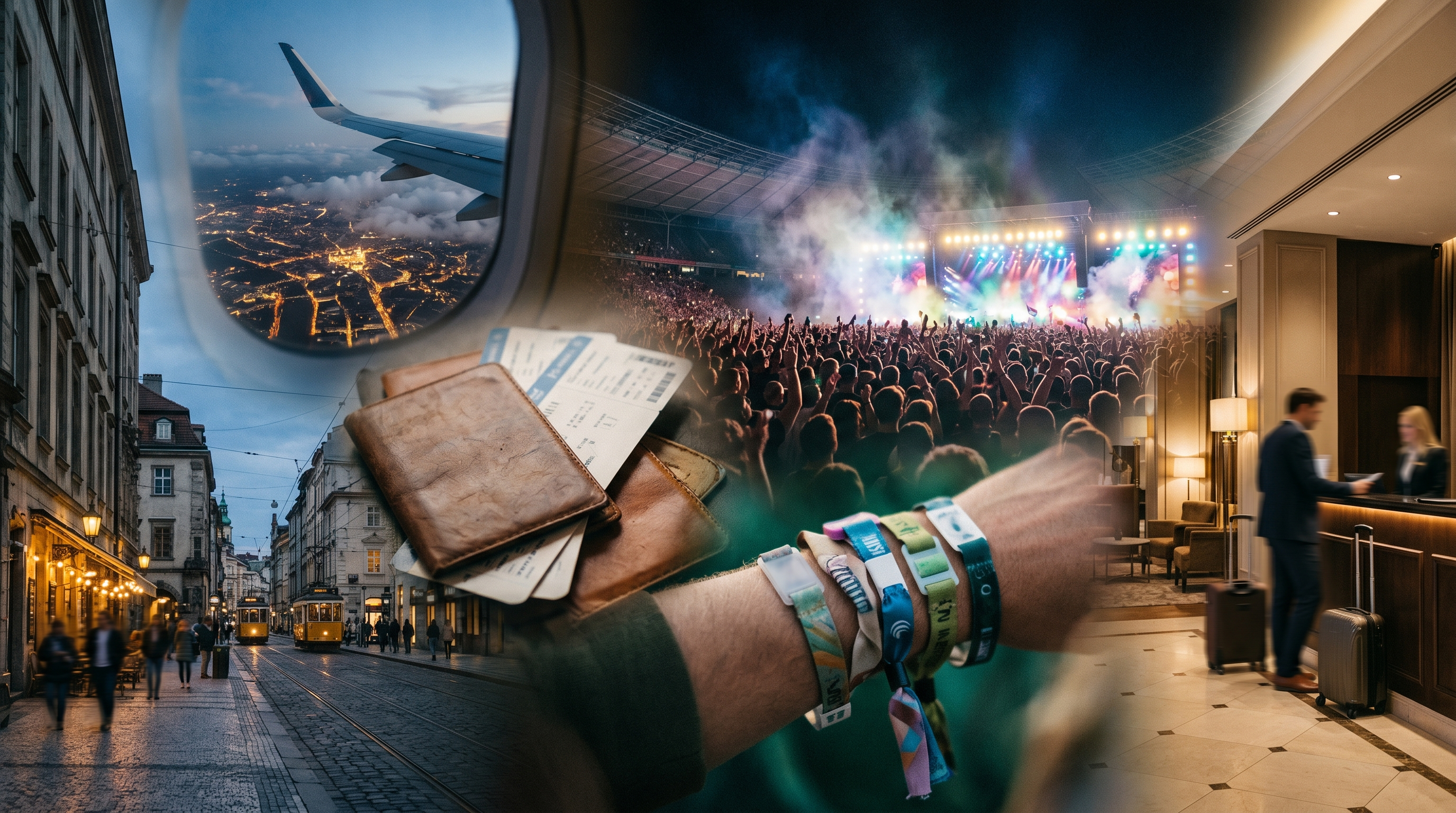 Global music tour travel collage with stadium lights airplane window hotel and concert wristbands