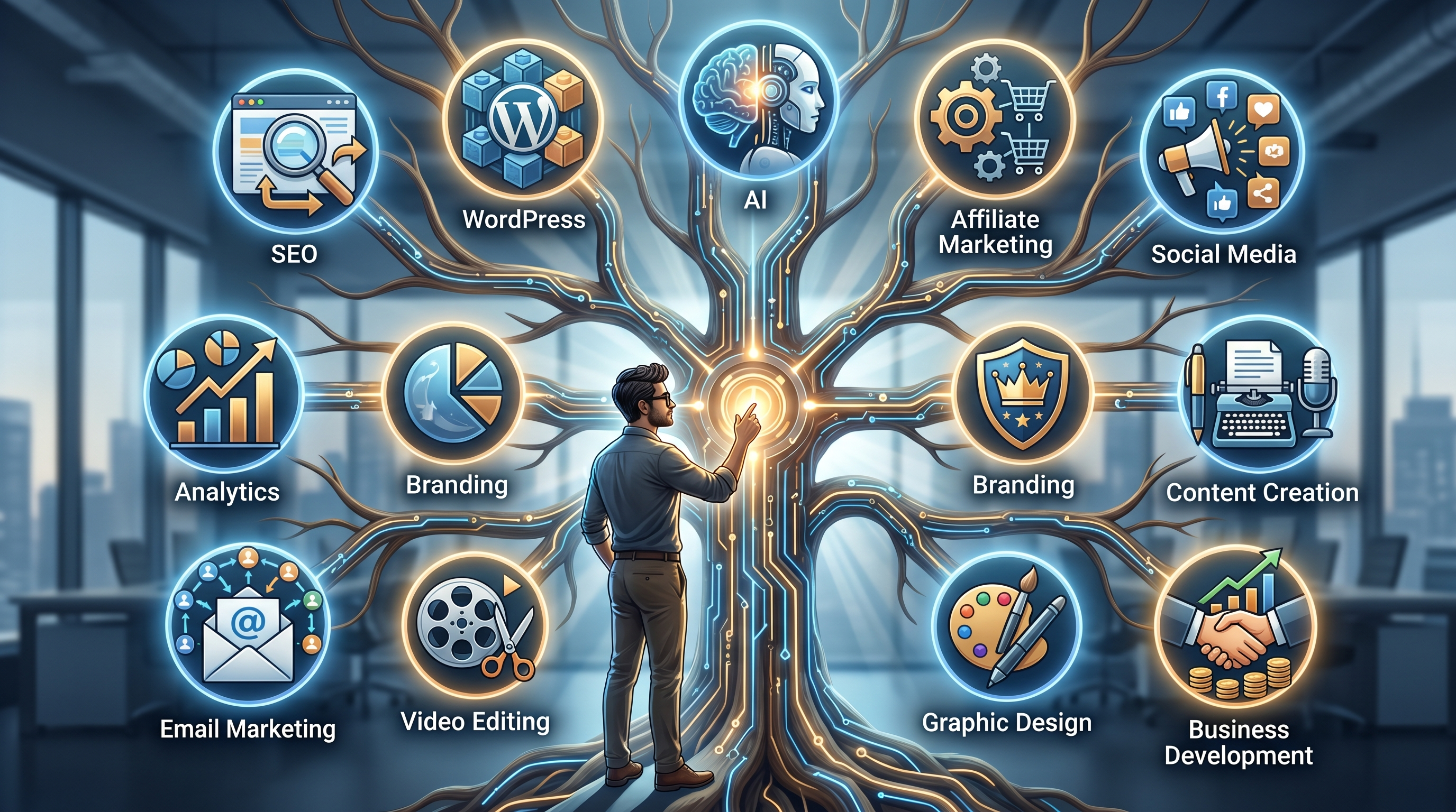 Digital skill tree showing SEO WordPress AI affiliate marketing and content creation