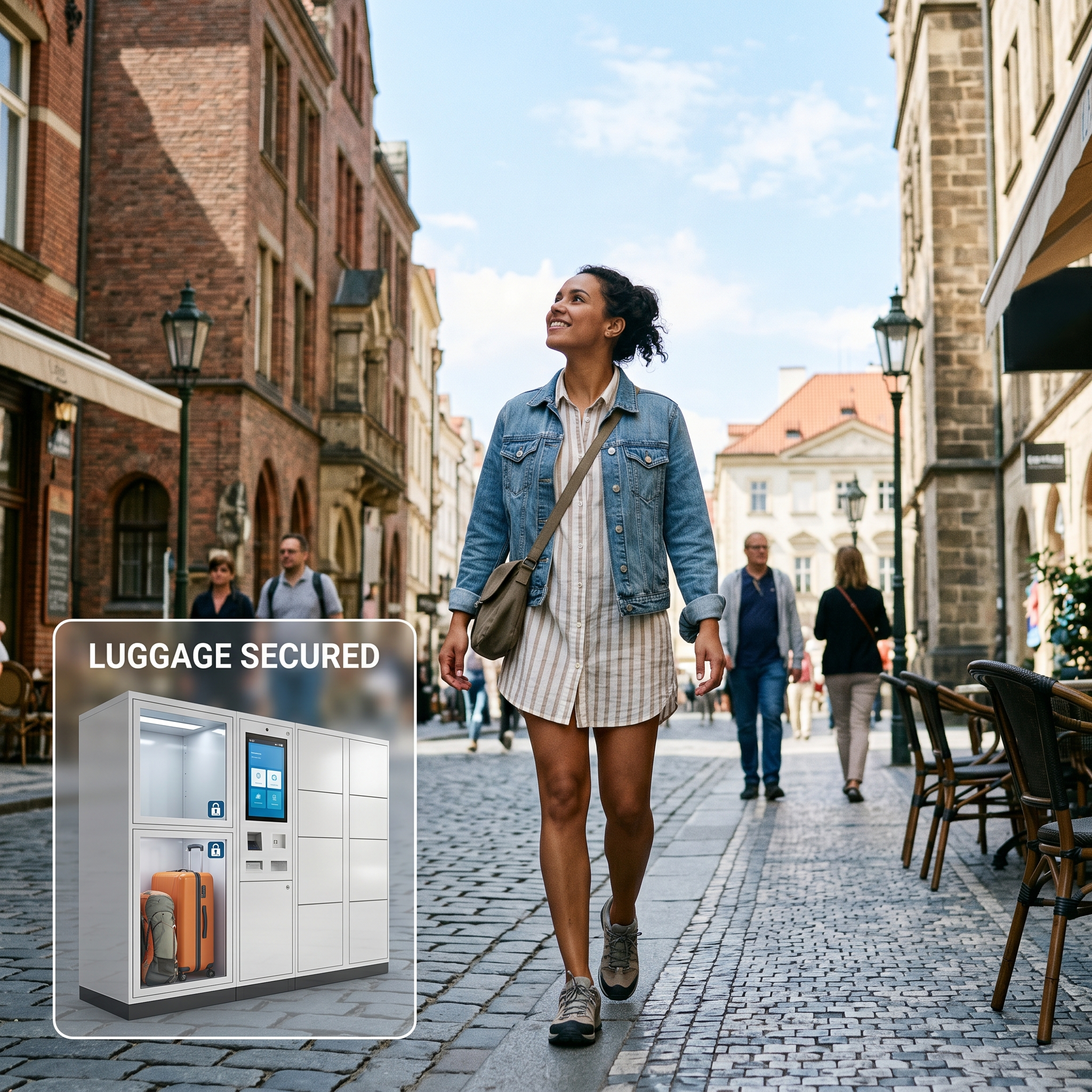 Traveler storing luggage before exploring a city hands free