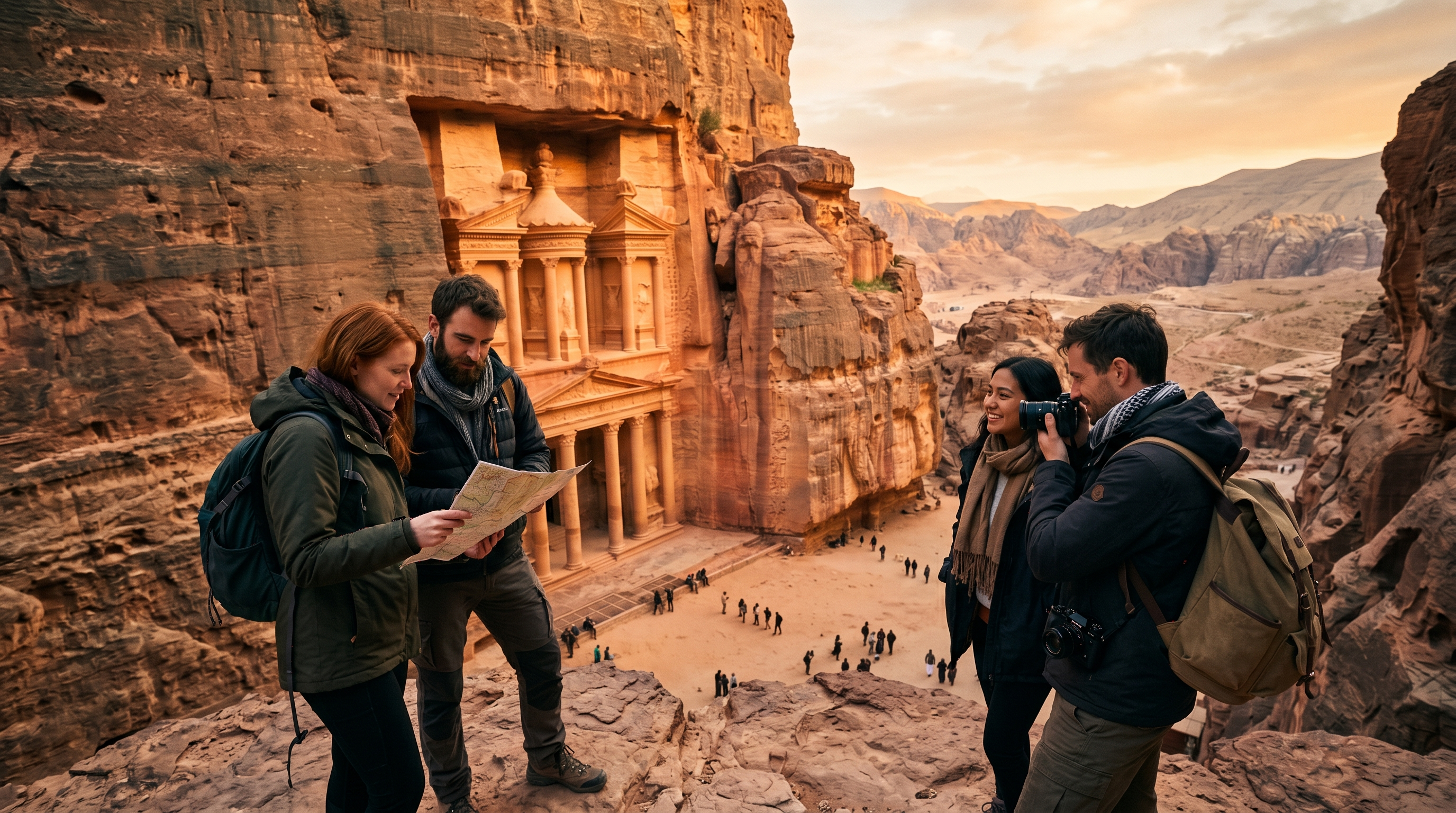Travelers overlooking a famous landmark at sunrise with maps and daypacks