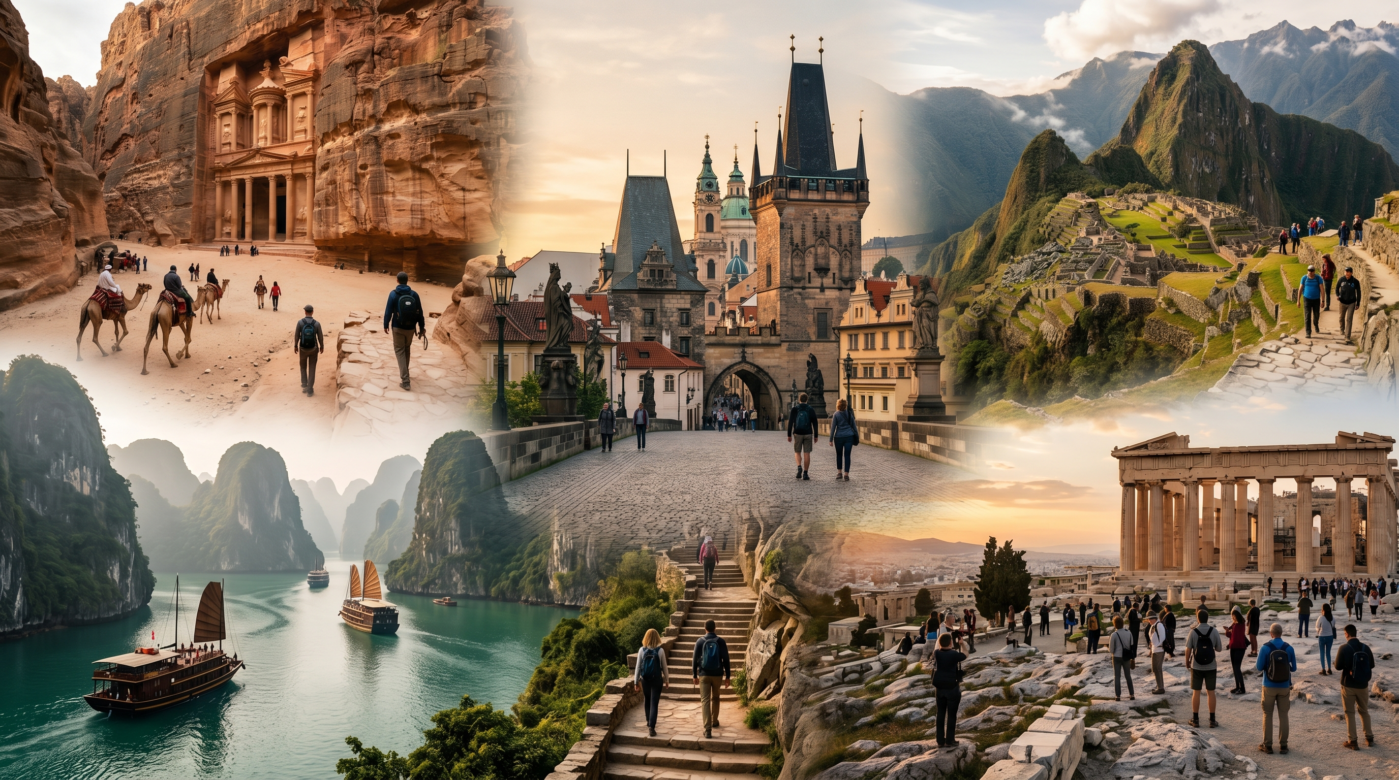 Iconic global landmarks blended into a cinematic travel scene