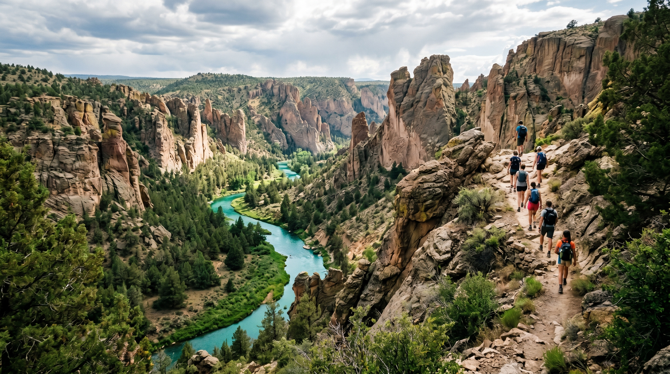 Hidden natural landmark with canyon, turquoise river, and hikers