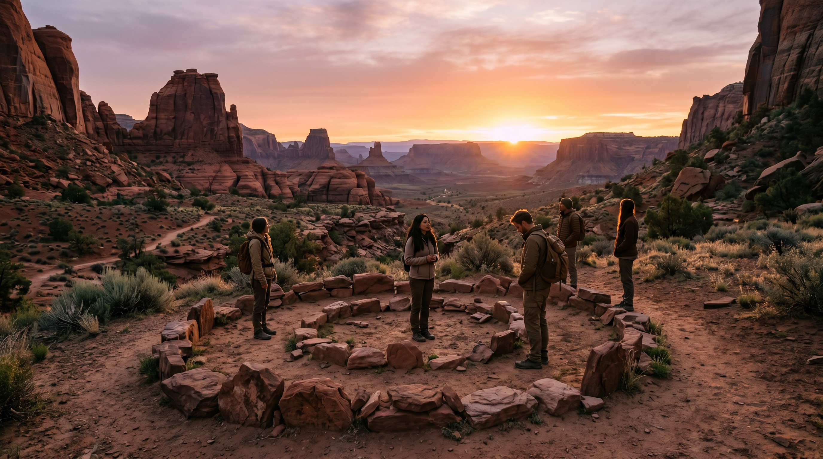 Mysterious sacred natural landmark with red rocks and sunrise light