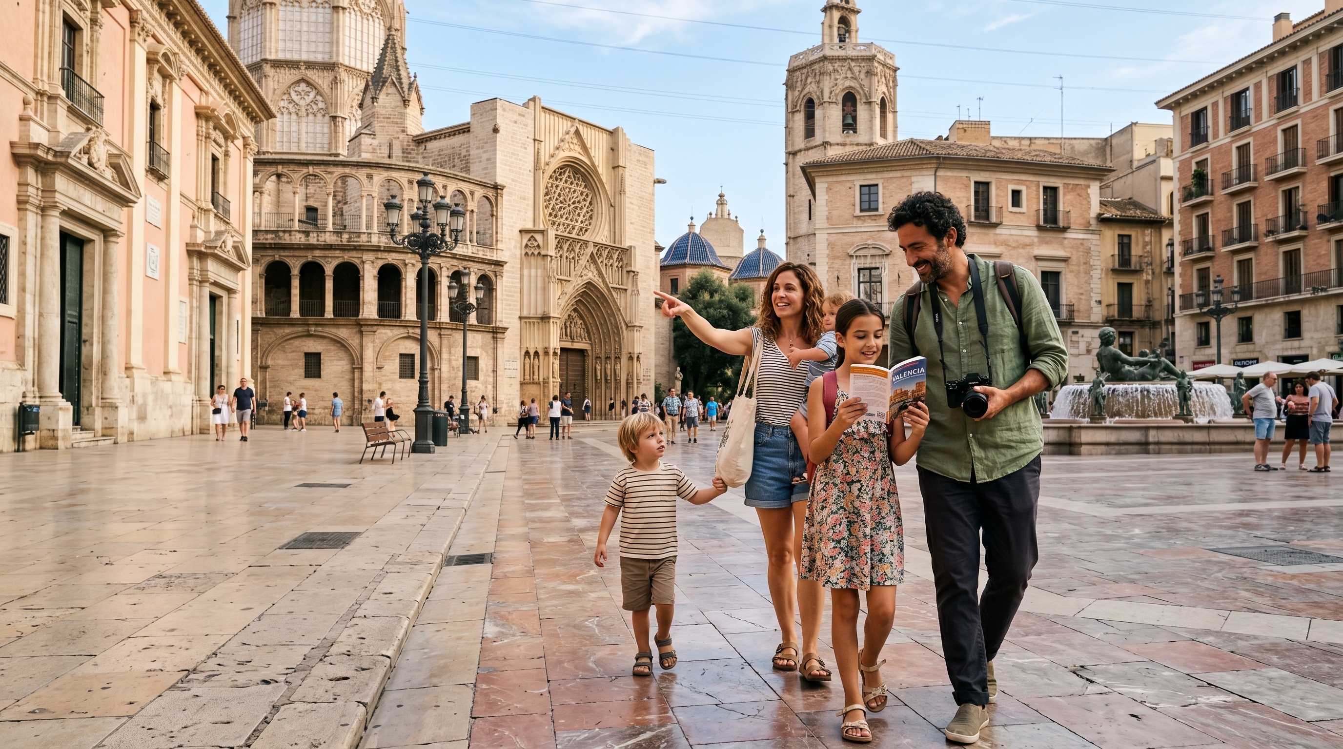 Family visiting a cultural landmark with guidebooks and camera