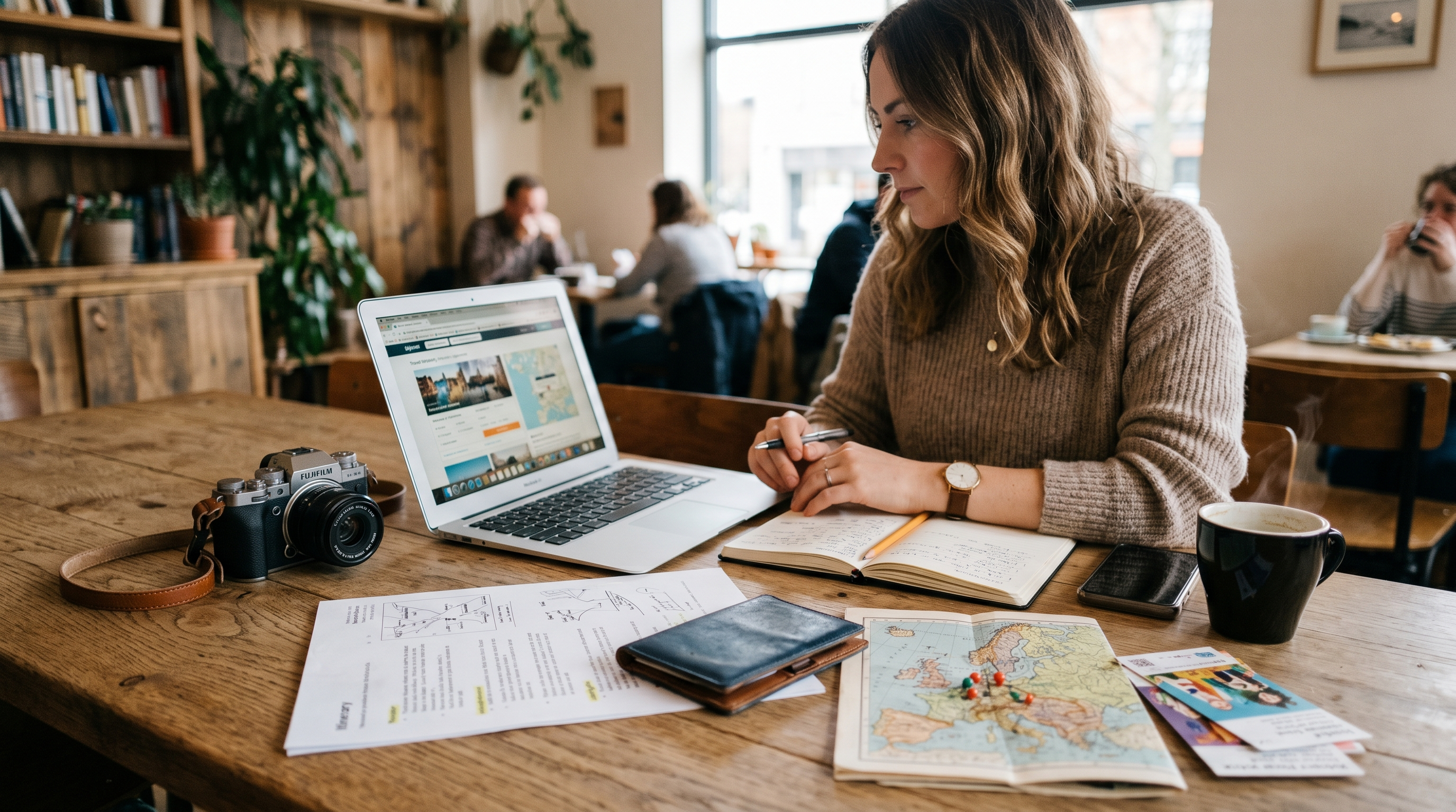 Traveler planning a landmark-focused trip with maps passport camera and laptop