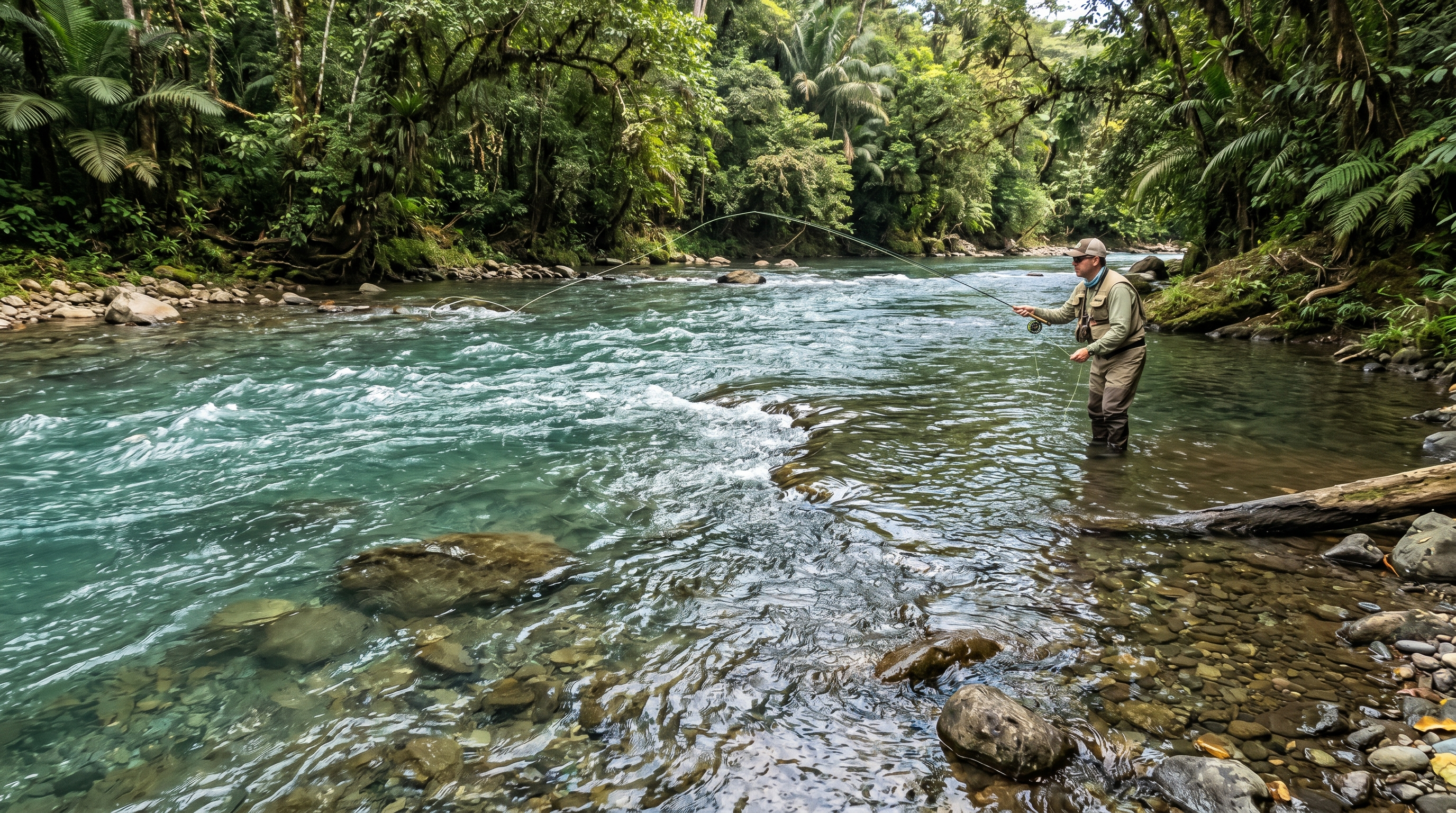 Visible current seam in a tropical Costa Rica river for fly fishing