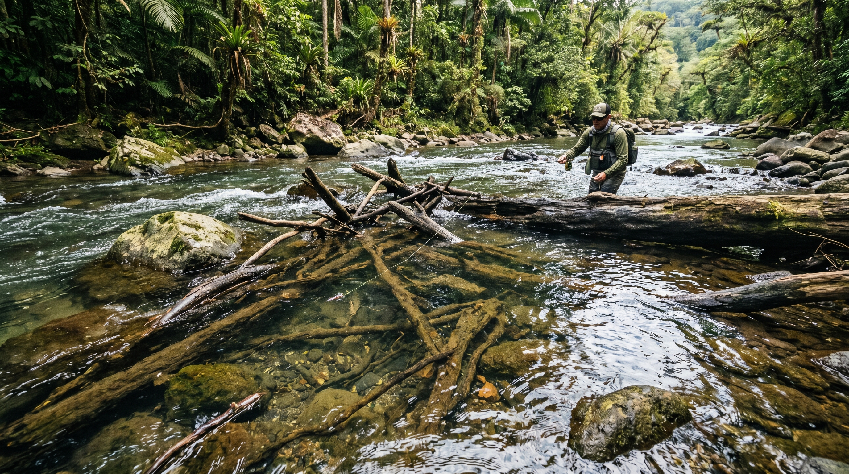 Submerged logs and river structure creating fish holding water in Costa Rica