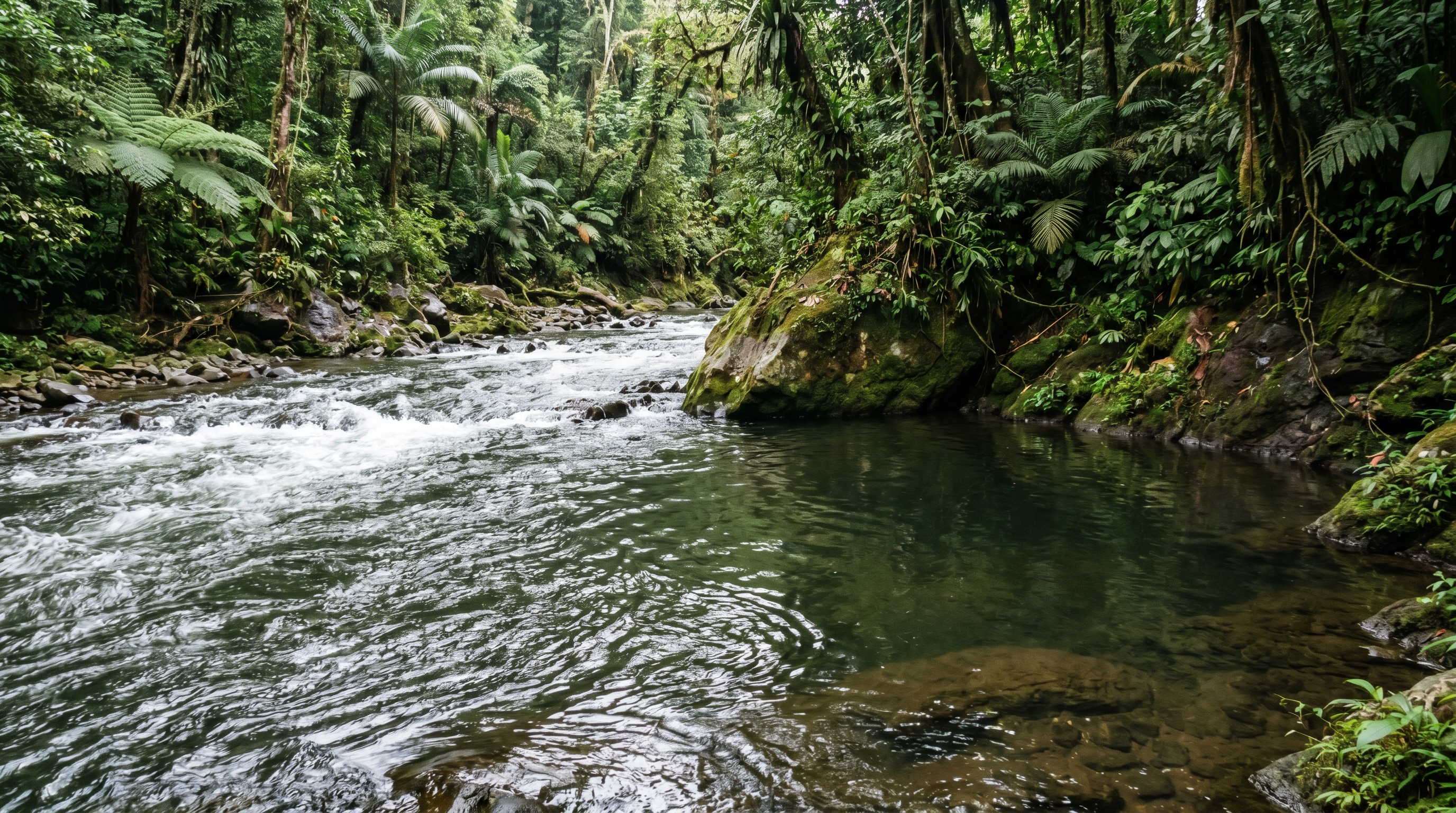 Calm eddy beside faster current in a tropical jungle river