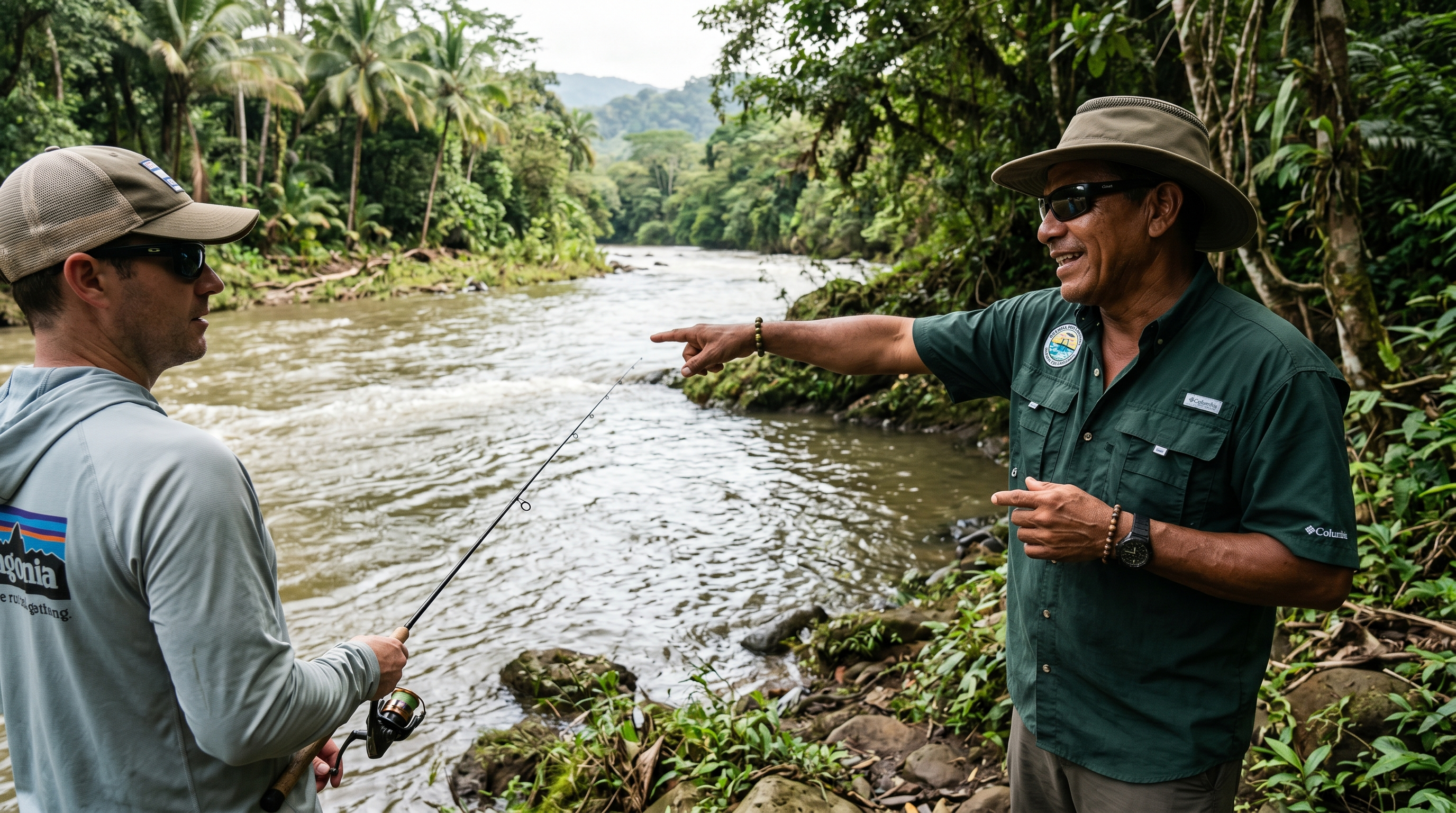 Costa Rica fishing guide pointing out productive fly fishing water beside a jungle river