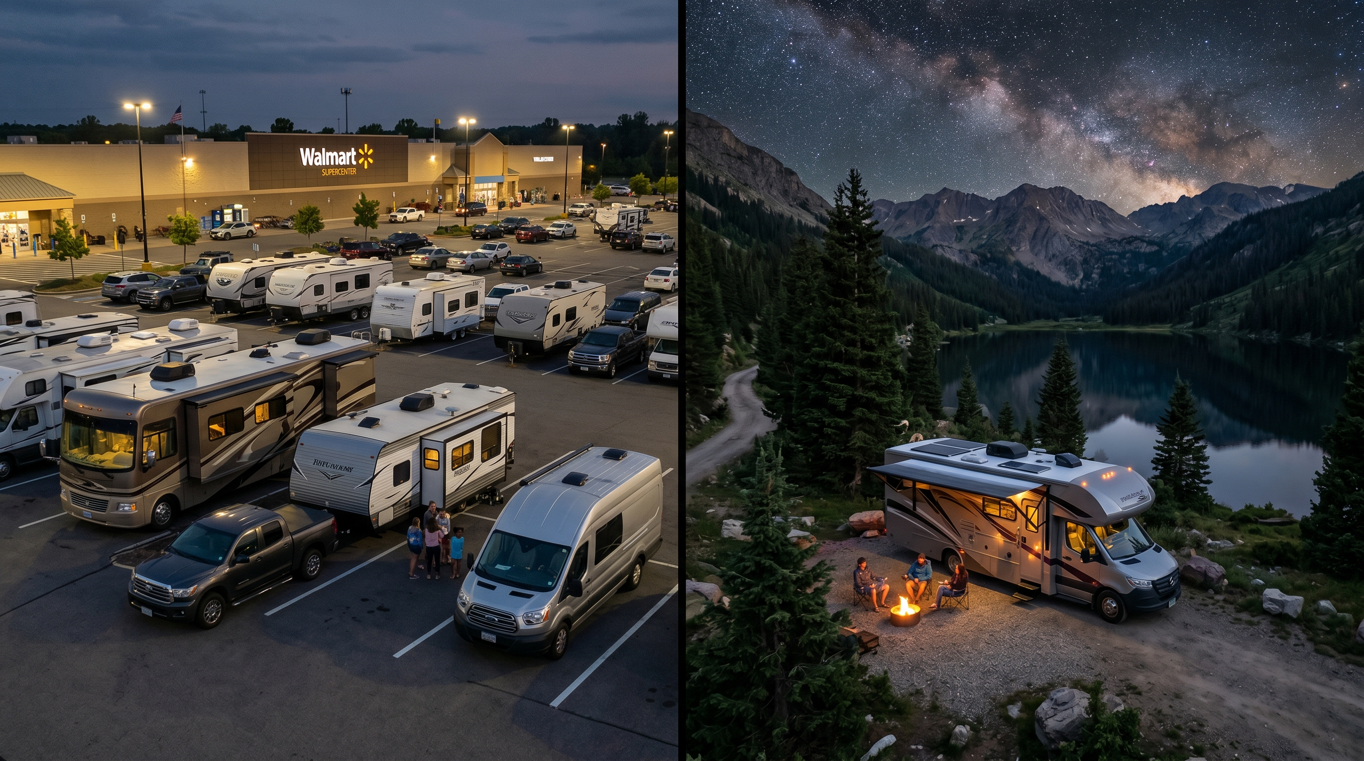 RV camping options including parking lots, public land, Harvest Hosts, and hidden overnight stops