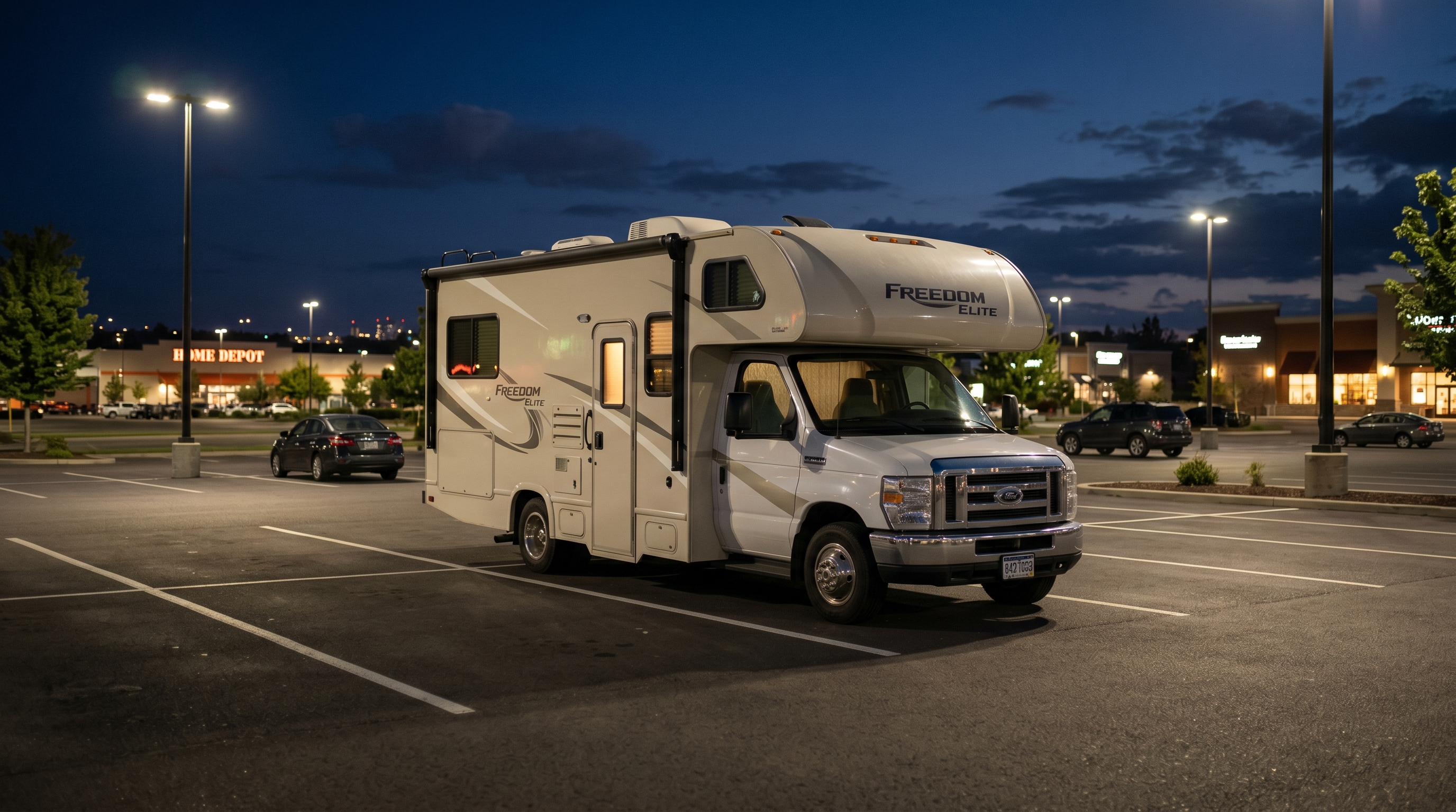 RV parked overnight in a retail parking lot for a quick travel stop