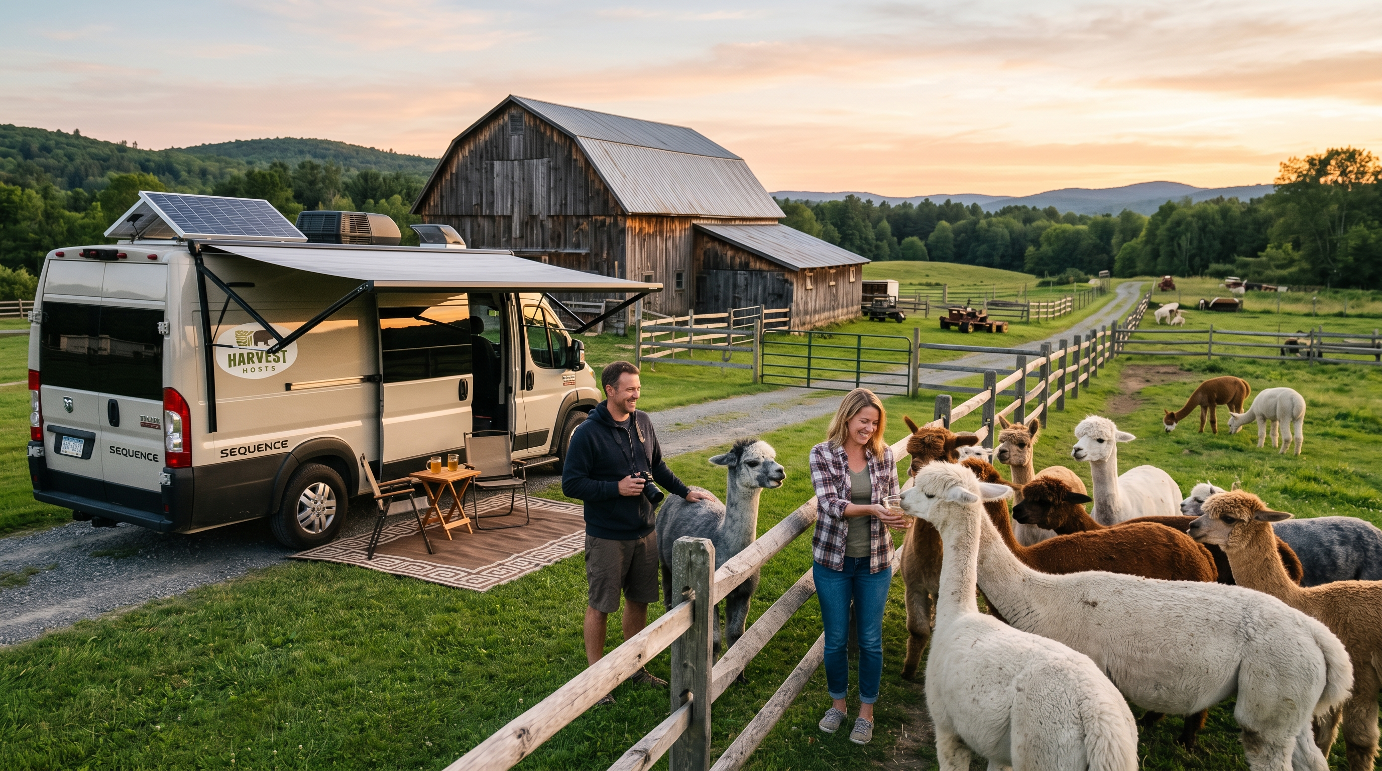 RV parked near an alpaca farm as a unique Harvest Hosts style camping experience