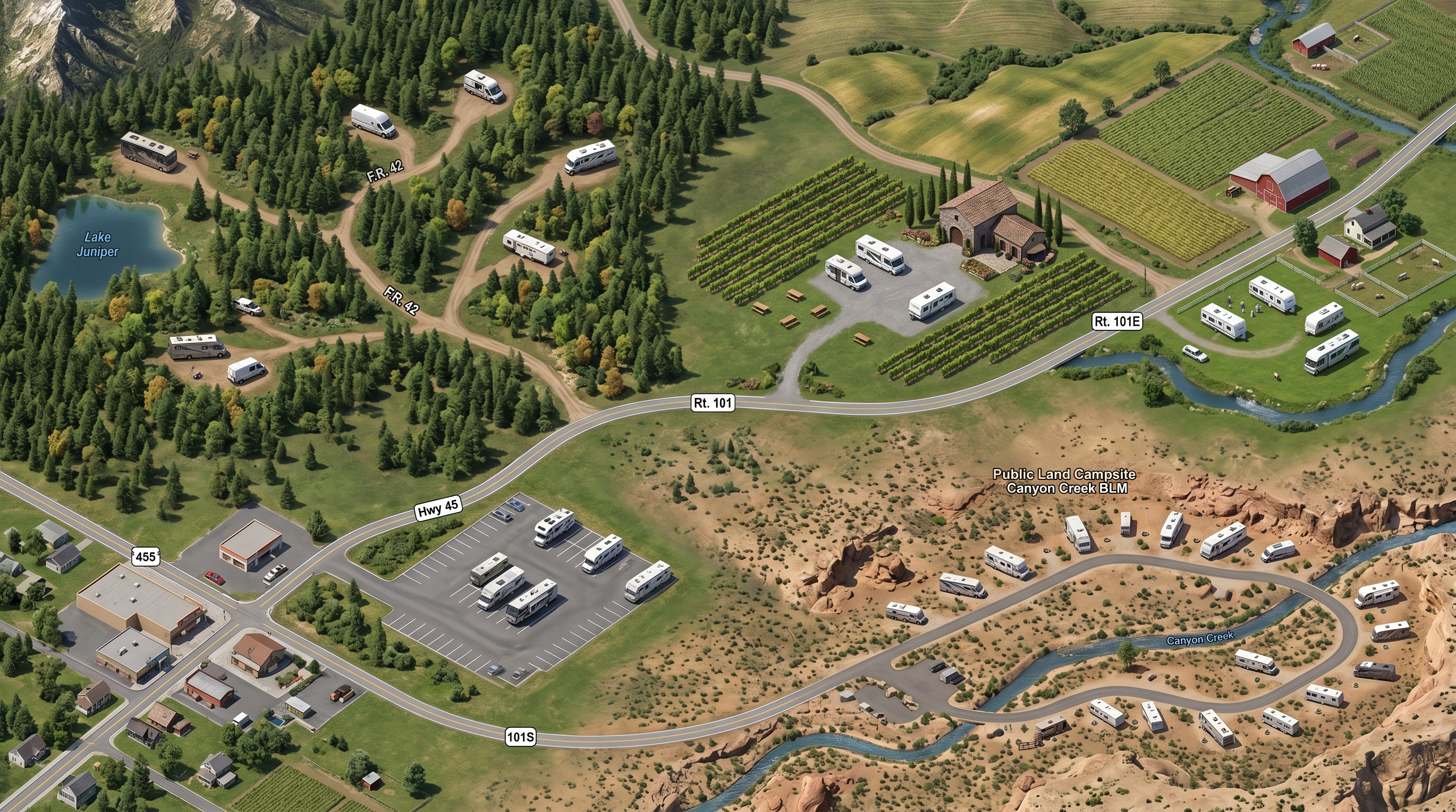 RV travel planning map showing public land, parking lots, farms, and overnight camping options