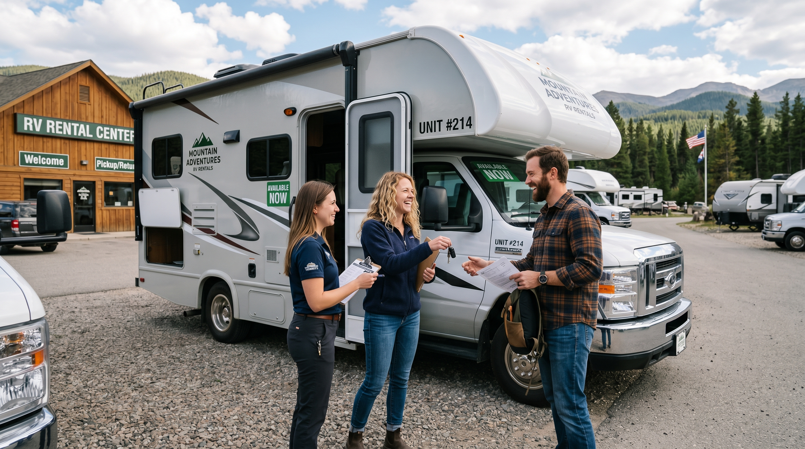 Family picking up a rented motorhome for an RV trip