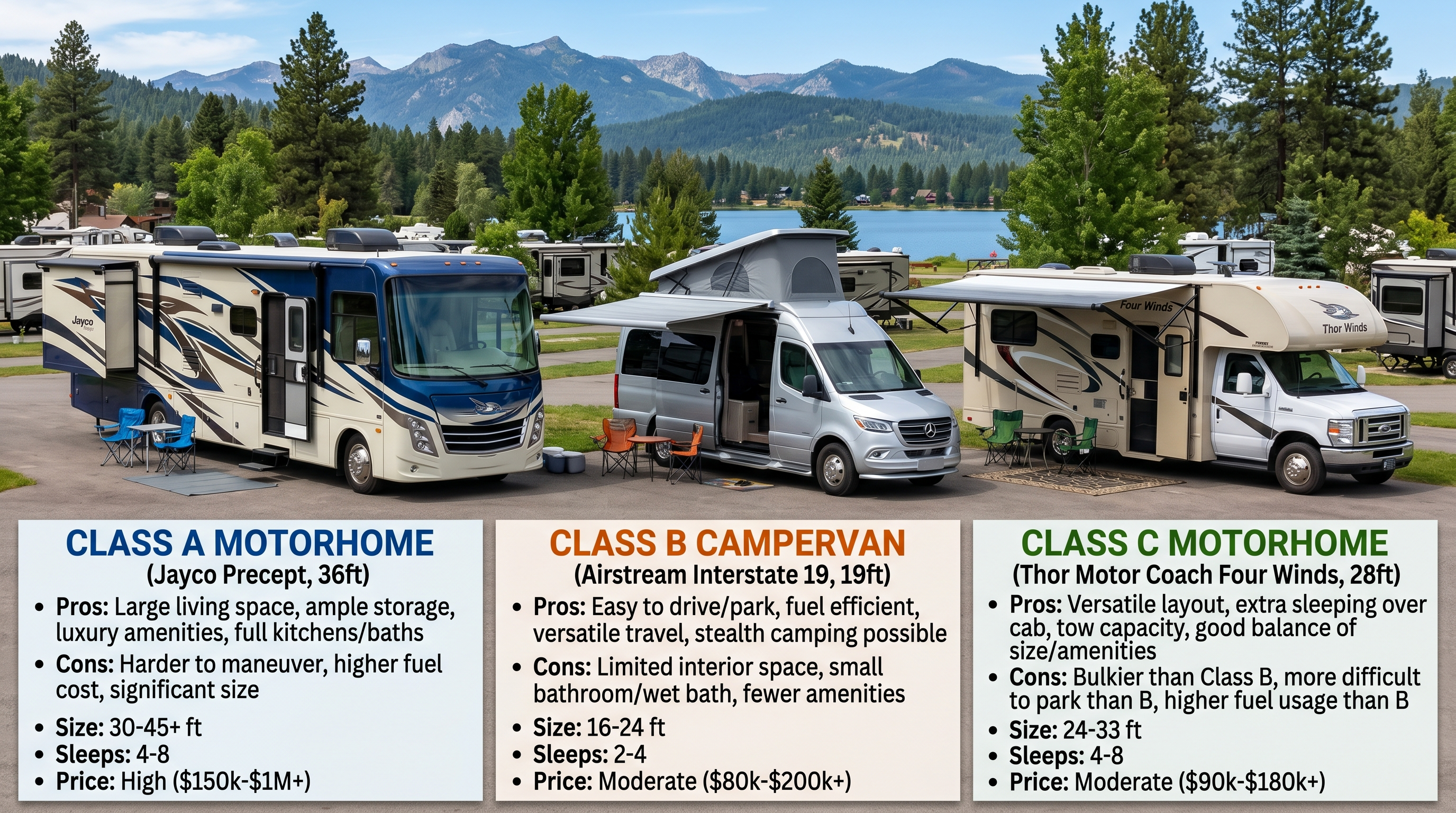 Class A, Class B, and Class C motorhomes shown side by side
