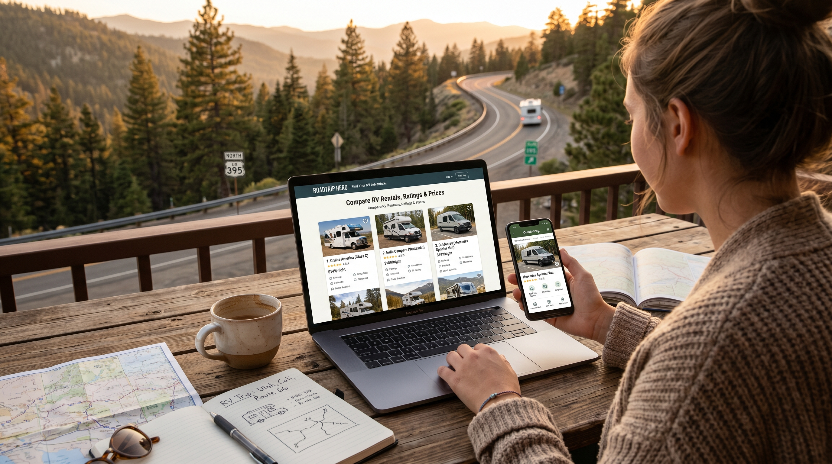 Laptop and phone showing RV rental listings for a road trip
