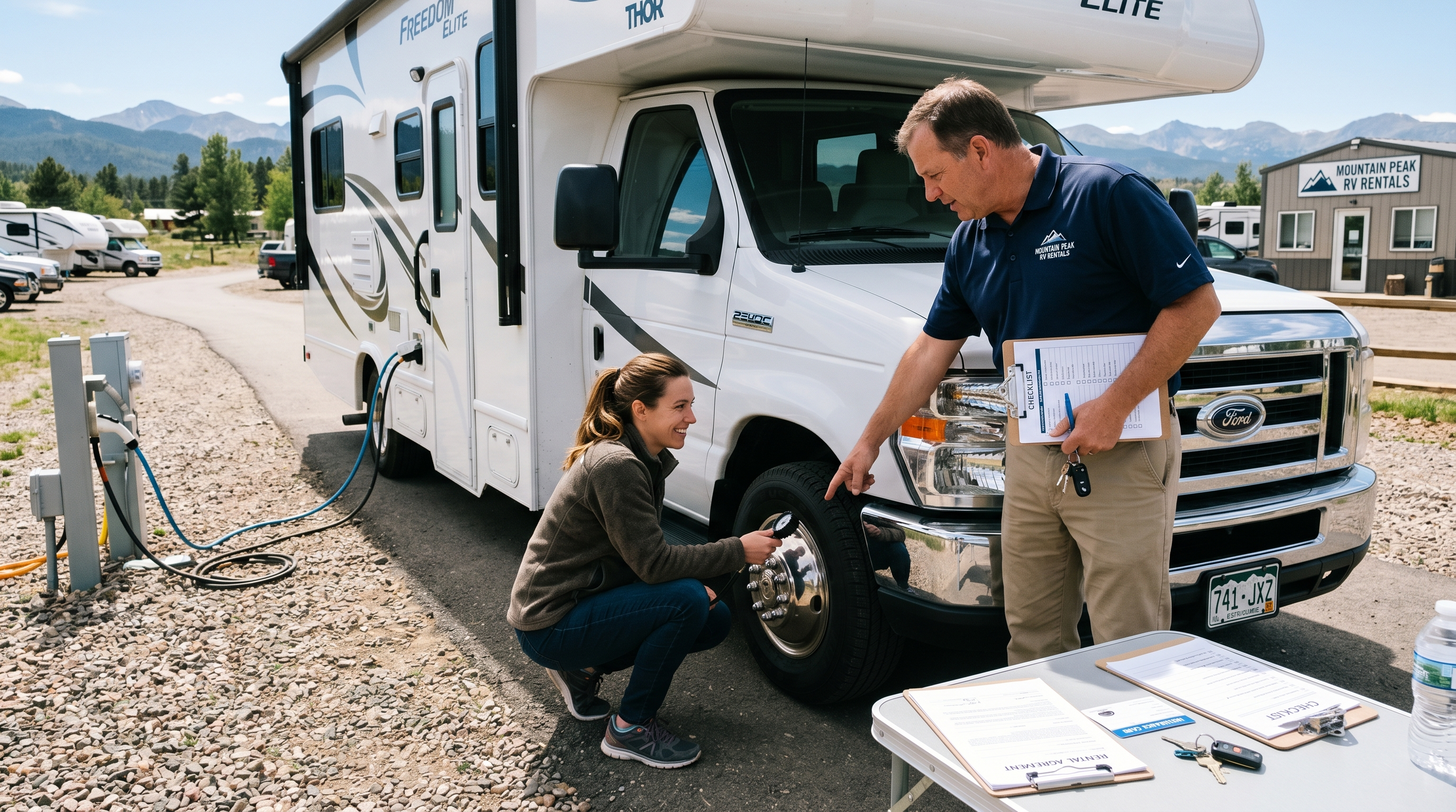 Renter inspecting motorhome tires and rental paperwork during pickup