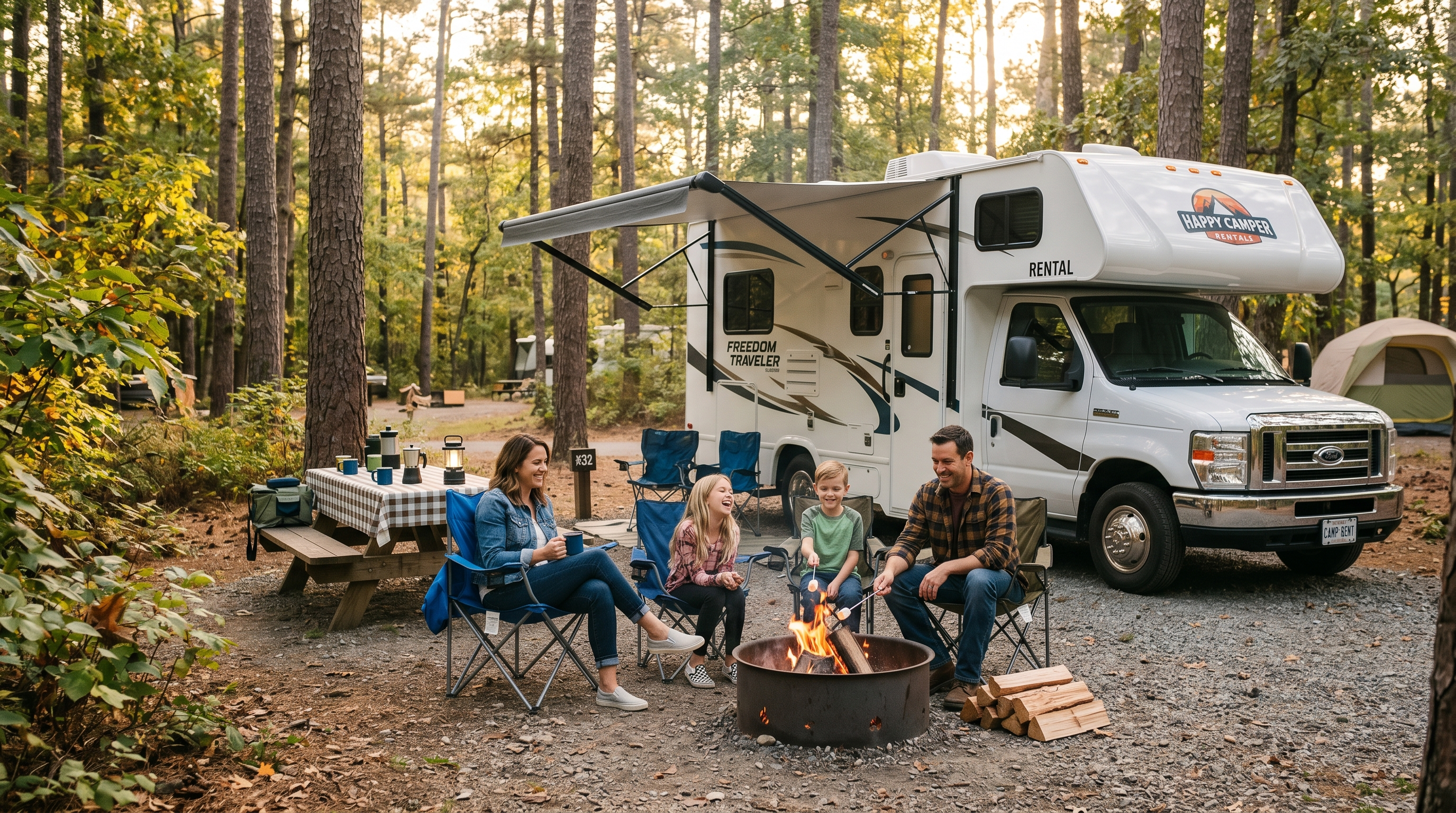 Rented motorhome parked at a campsite with chairs and camp setup