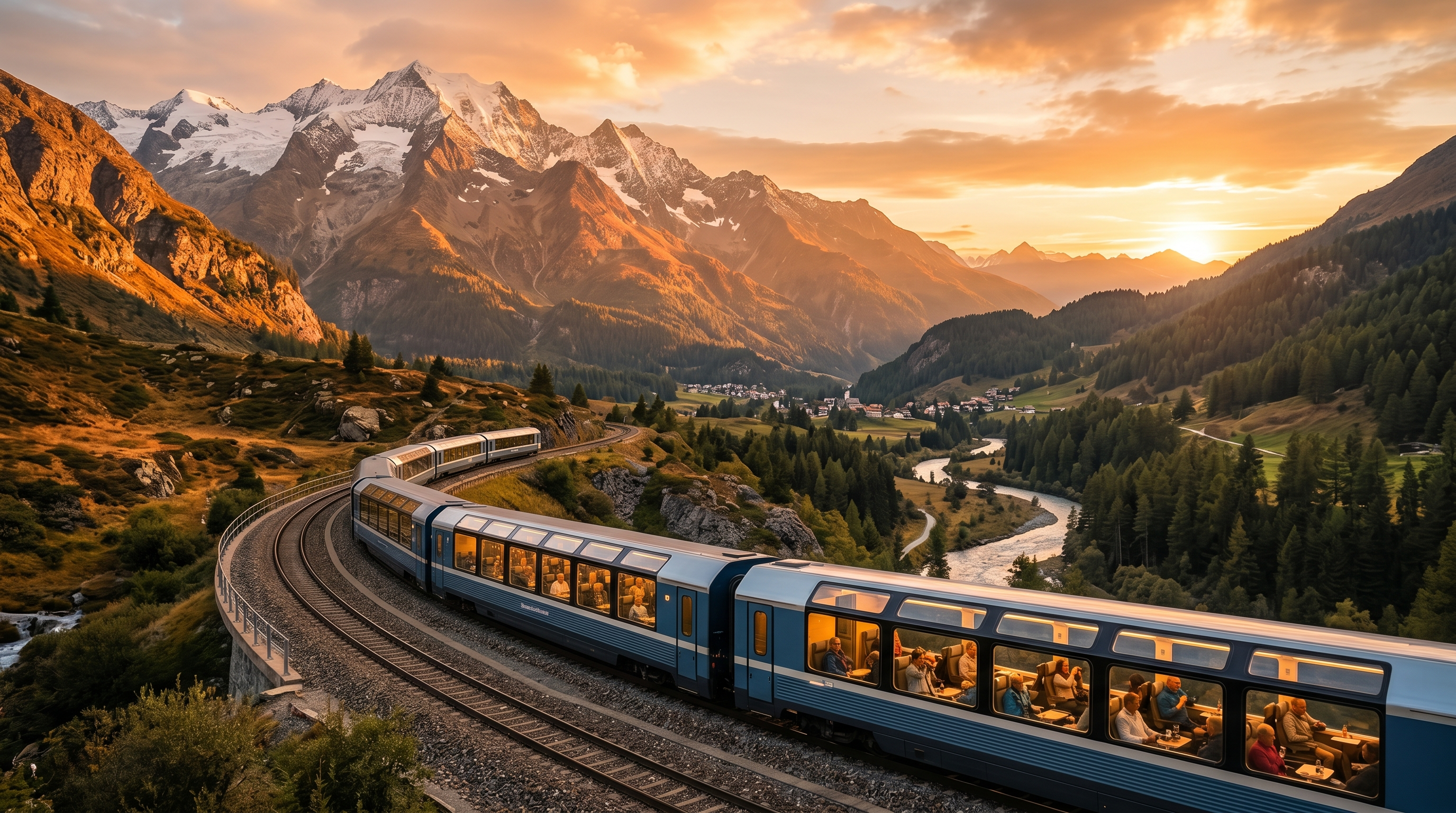 Scenic train journey through dramatic mountain landscapes