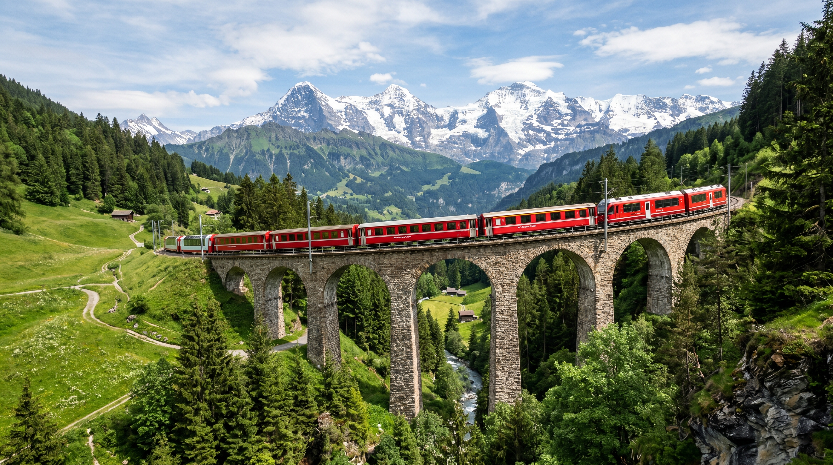 European scenic train crossing mountain landscapes