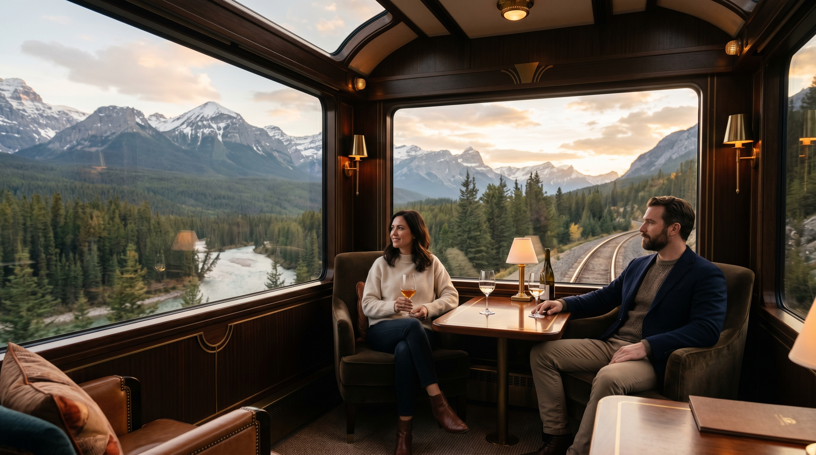 Luxury train interior with panoramic scenic views
