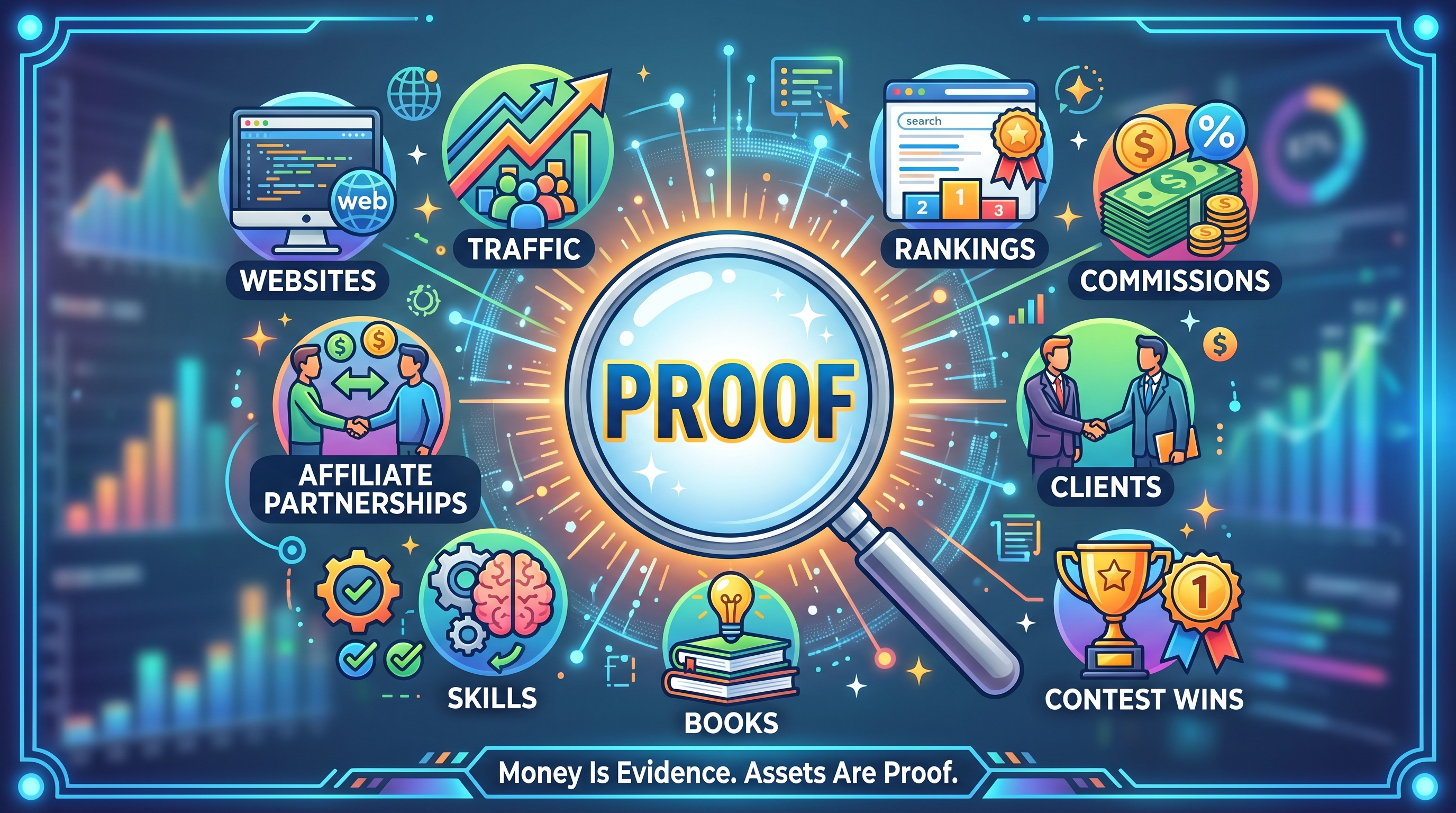 The proof was never the money infographic showing online income evidence including skills, websites, content, traffic, rankings, commissions, and digital assets