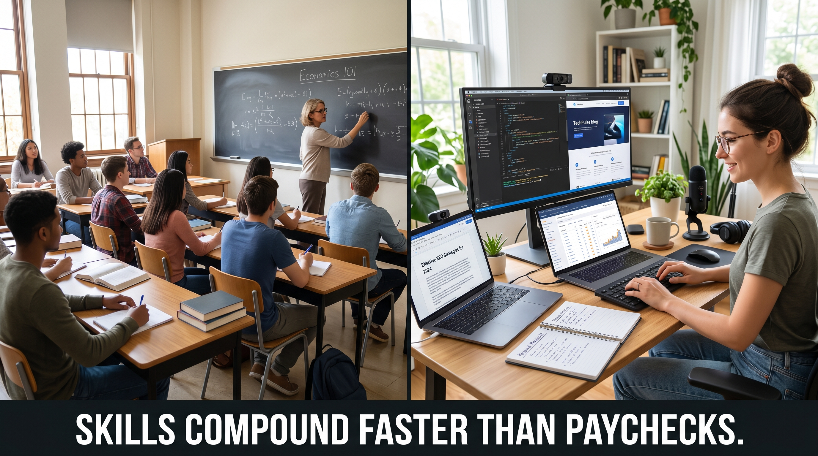 Split screen showing traditional education compared to building digital skills through websites, SEO, writing, and online business