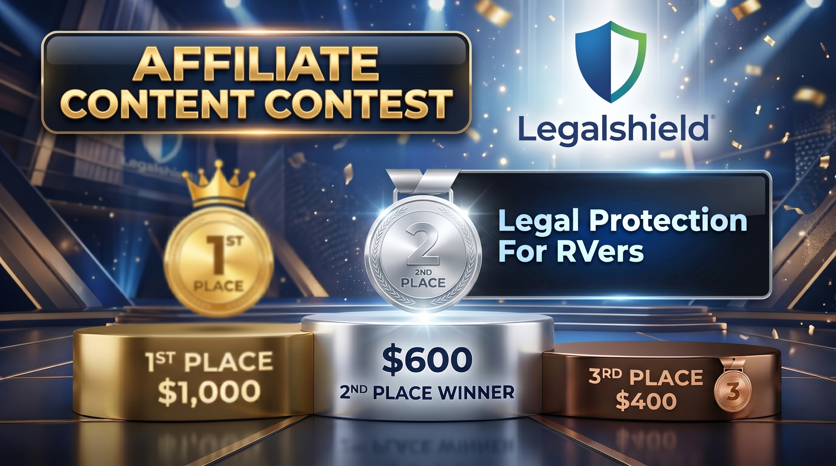 LegalShield affiliate content contest graphic showing second place winner and $600 prize for Legal Protection For RVers article
