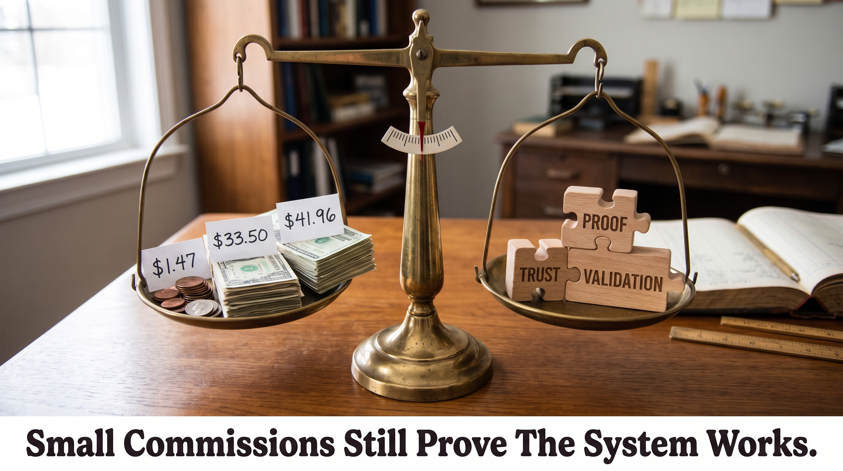 Small affiliate commissions balancing against proof, trust, and validation showing that small online income still matters