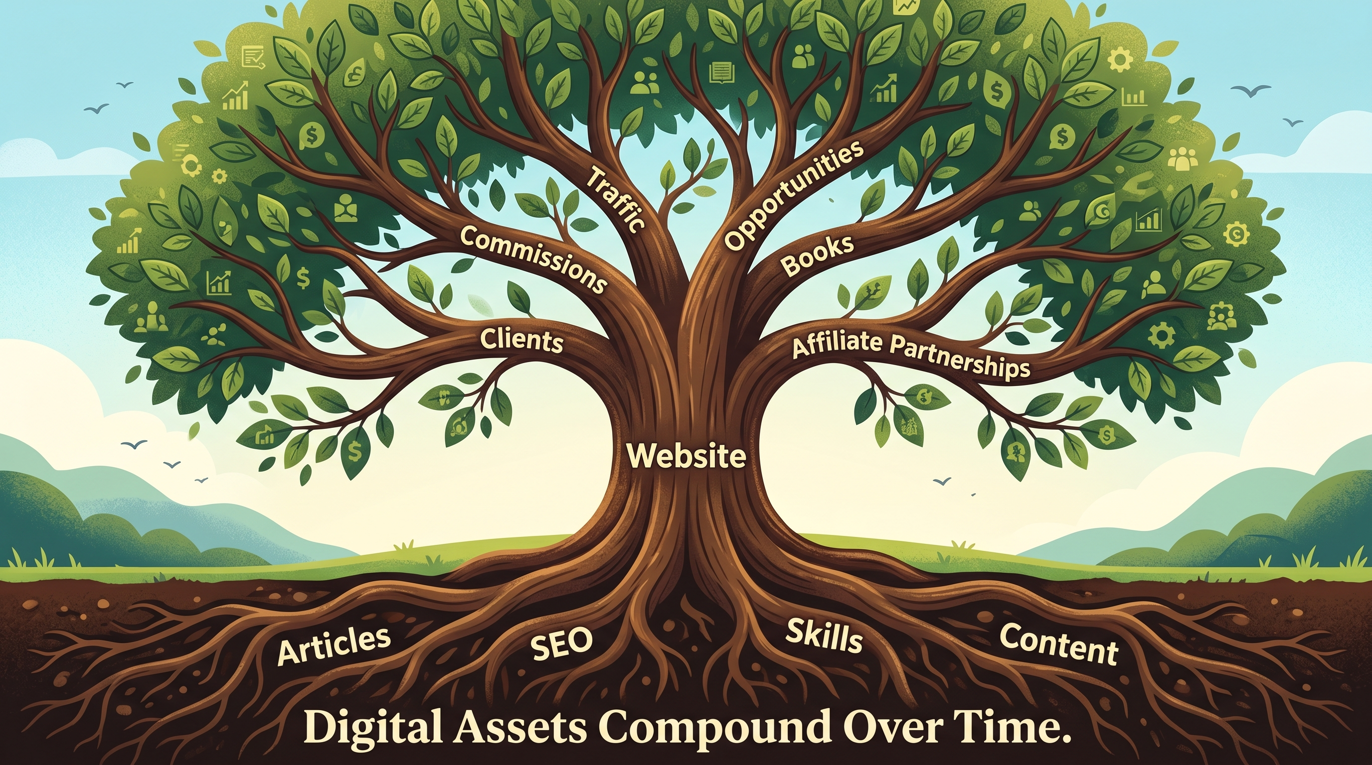 Digital asset tree showing articles, SEO, skills, content, websites, traffic, commissions, clients, books, and affiliate partnerships compounding over time