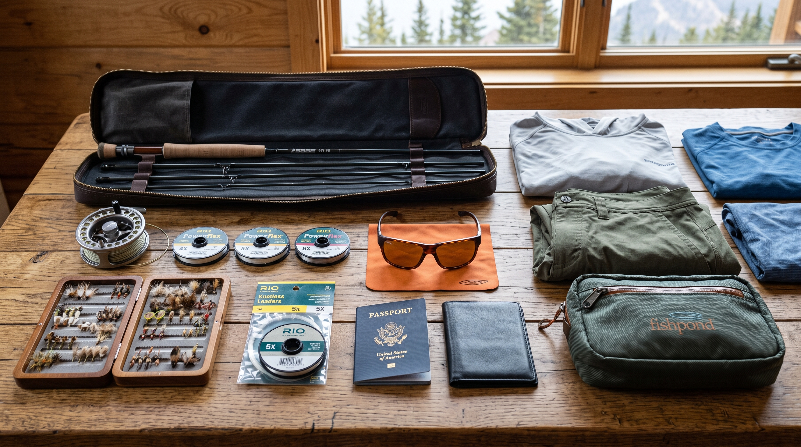 Organized fly fishing travel gear packed for an international trip to Costa Rica