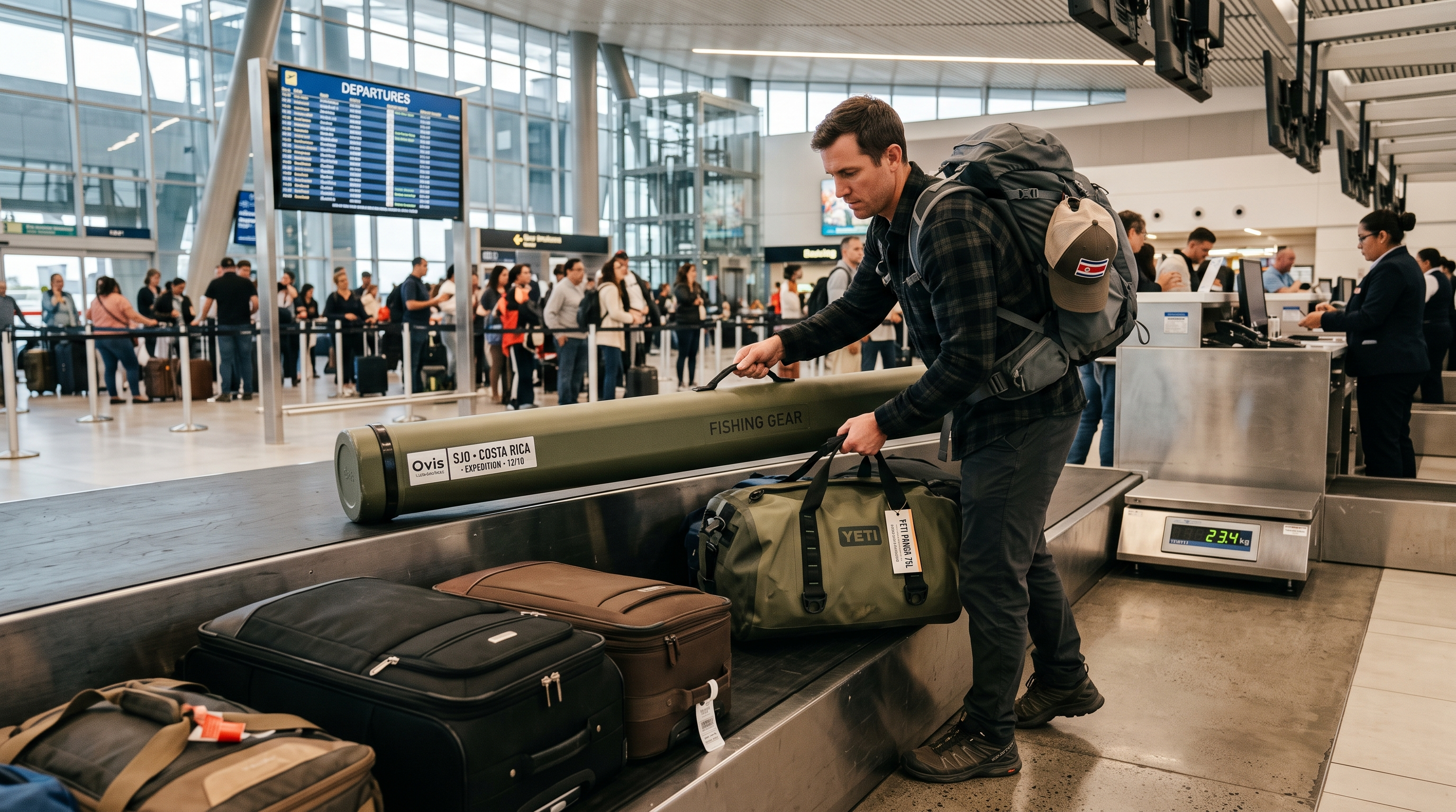 Hard fly rod tube and travel luggage prepared for an international fishing trip
