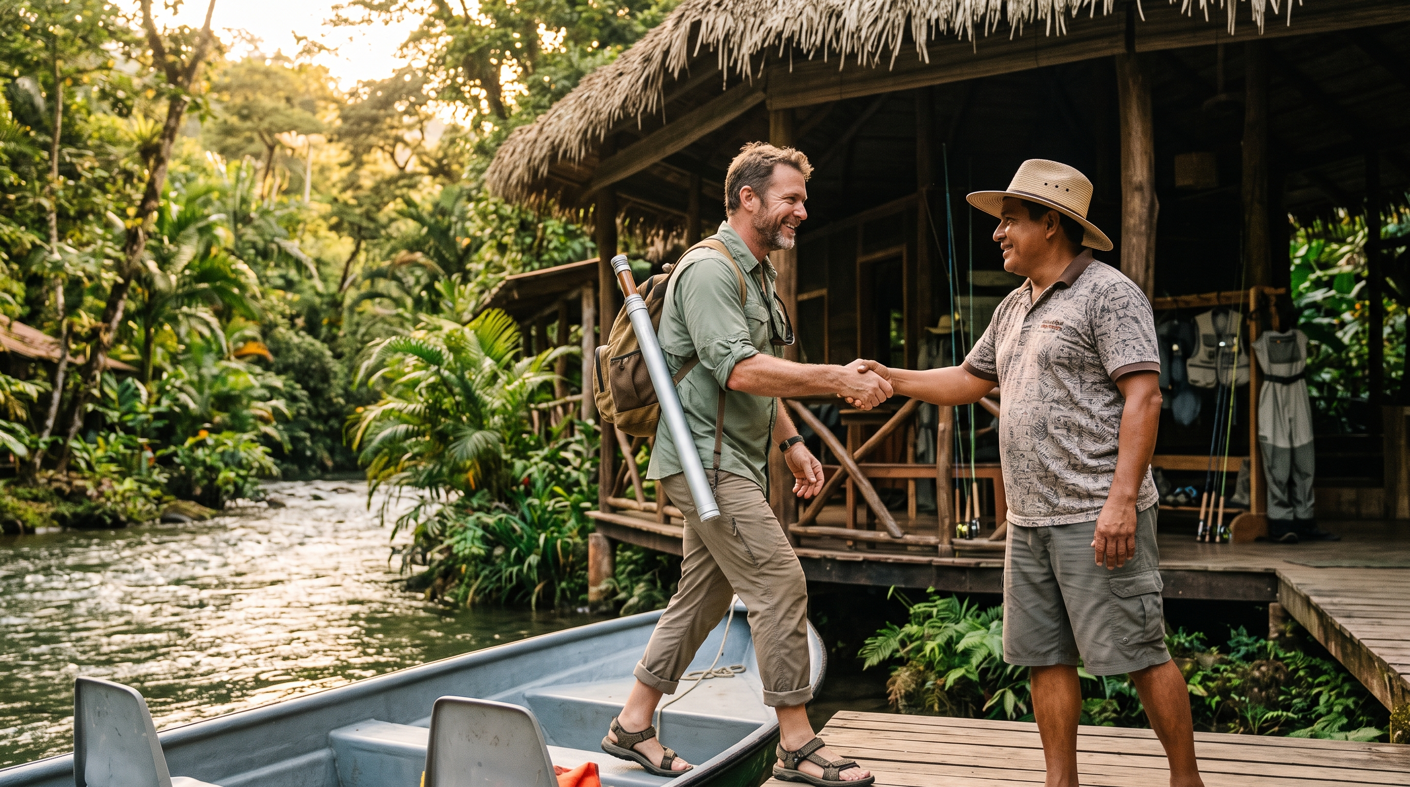 Fly angler arriving at a tropical Costa Rica fishing lodge with light travel gear