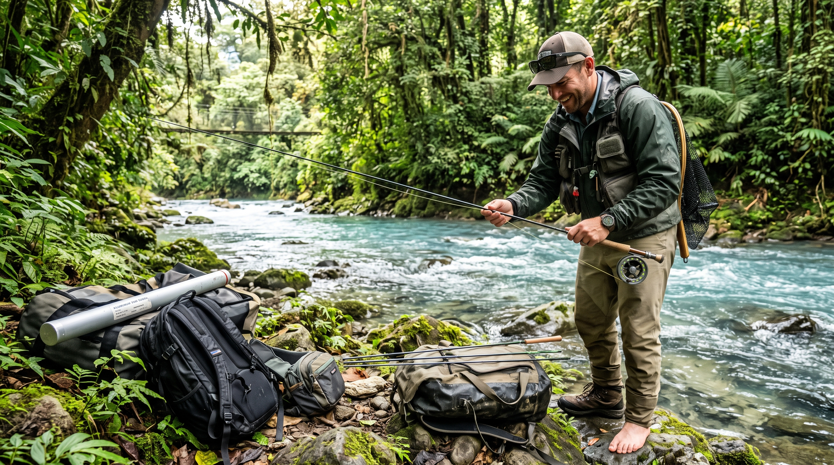 Fly angler assembling a travel fly rod beside a Costa Rica jungle river