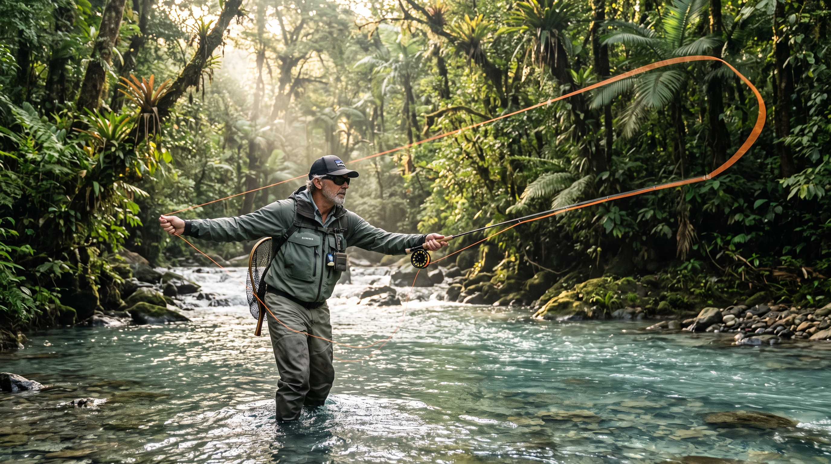 Fly angler performing a double haul cast on a tropical Costa Rica river