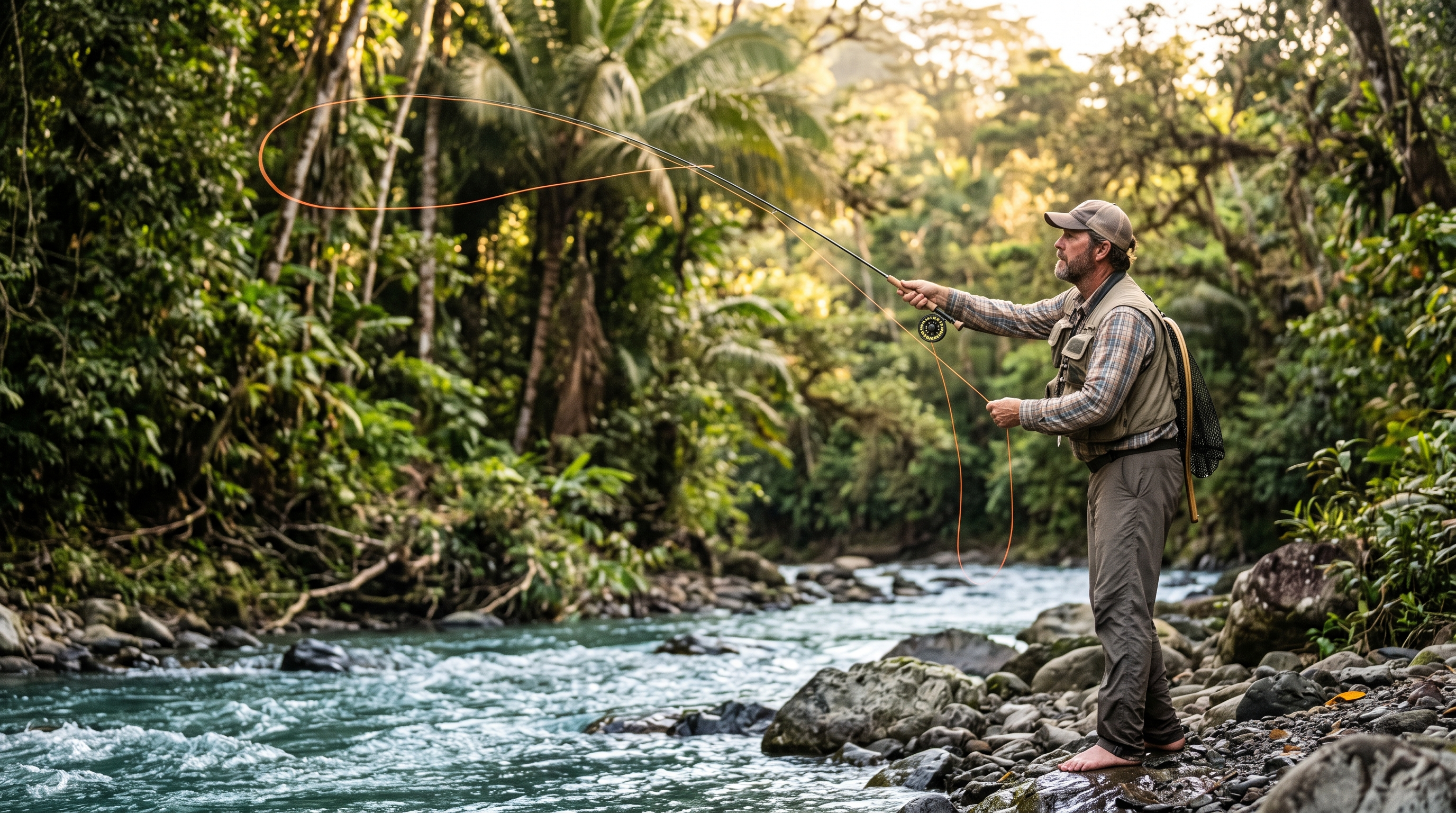 Fly angler executing a smooth back cast with good double haul timing beside a Costa Rica river