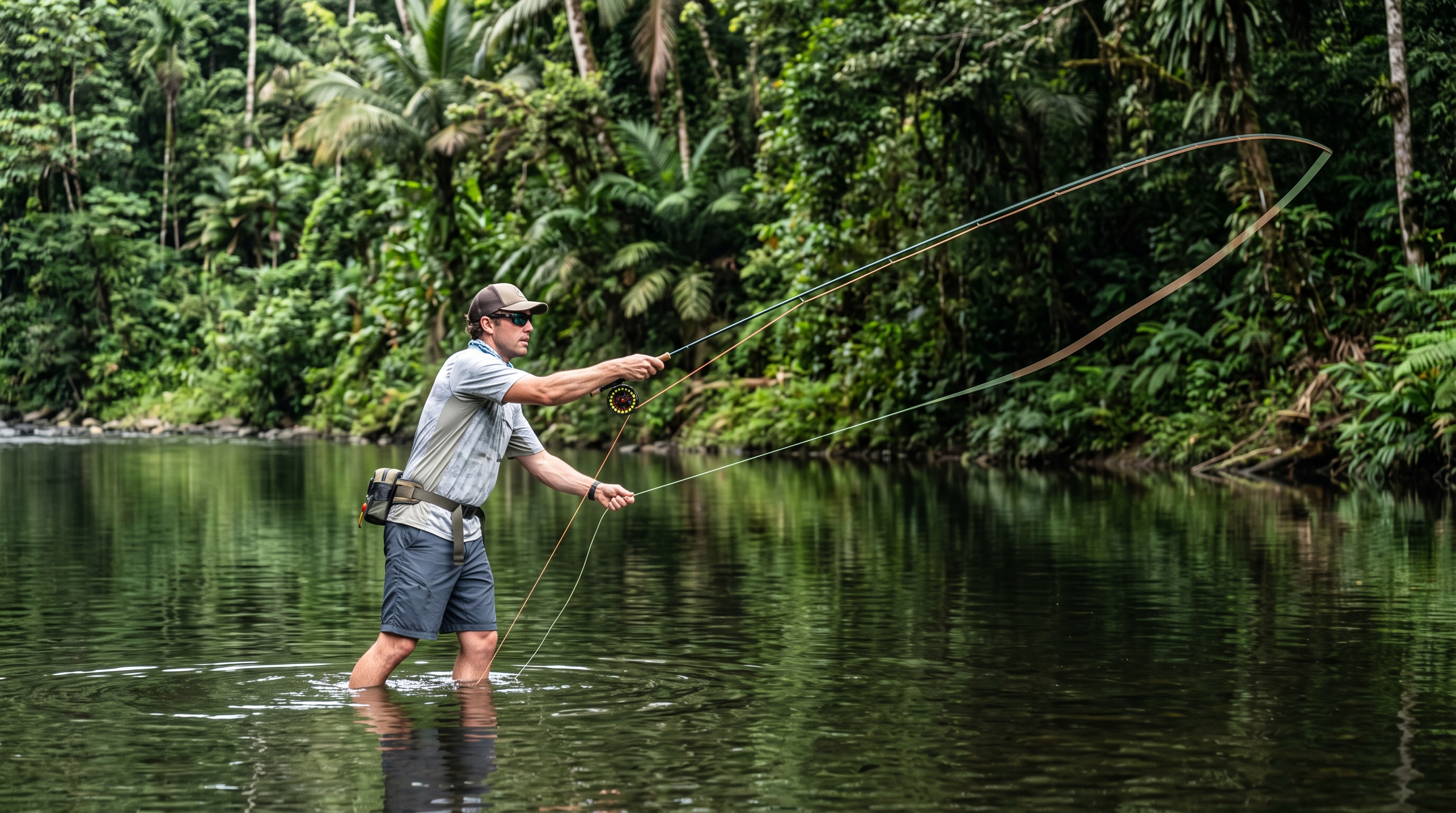 Fly angler completing the forward haul portion of a double haul cast