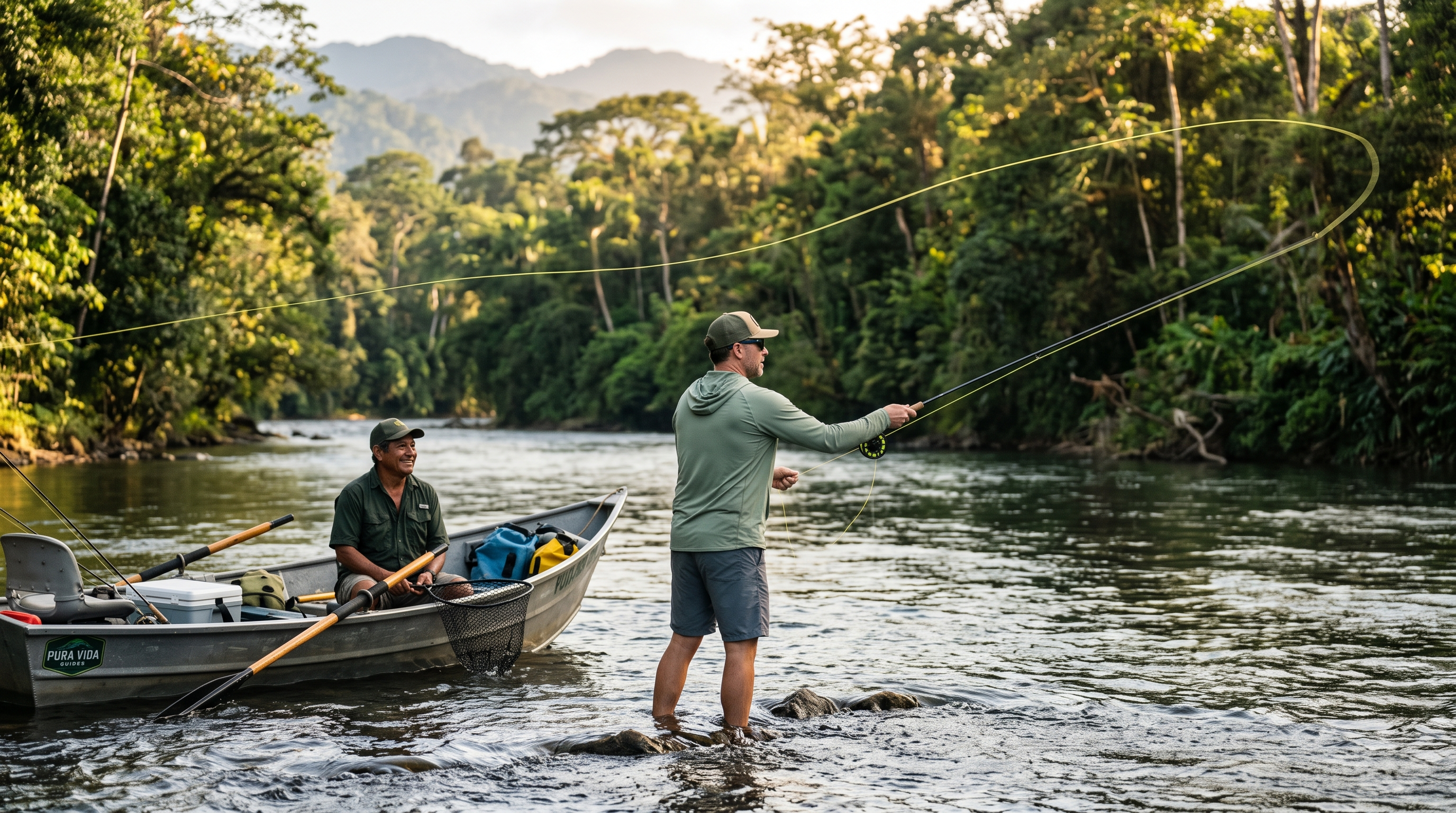 Fly angler making a long cast across a Costa Rica jungle river while a guide watches from a drift boat